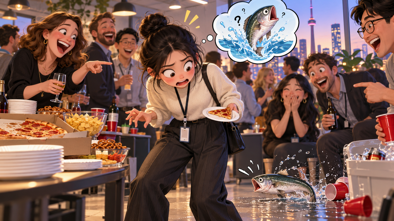 美剧学英语：fish out of water - 加拿大公司 Happy Hour，同事说我像“离开水的鱼”，我低头找了半天鱼……