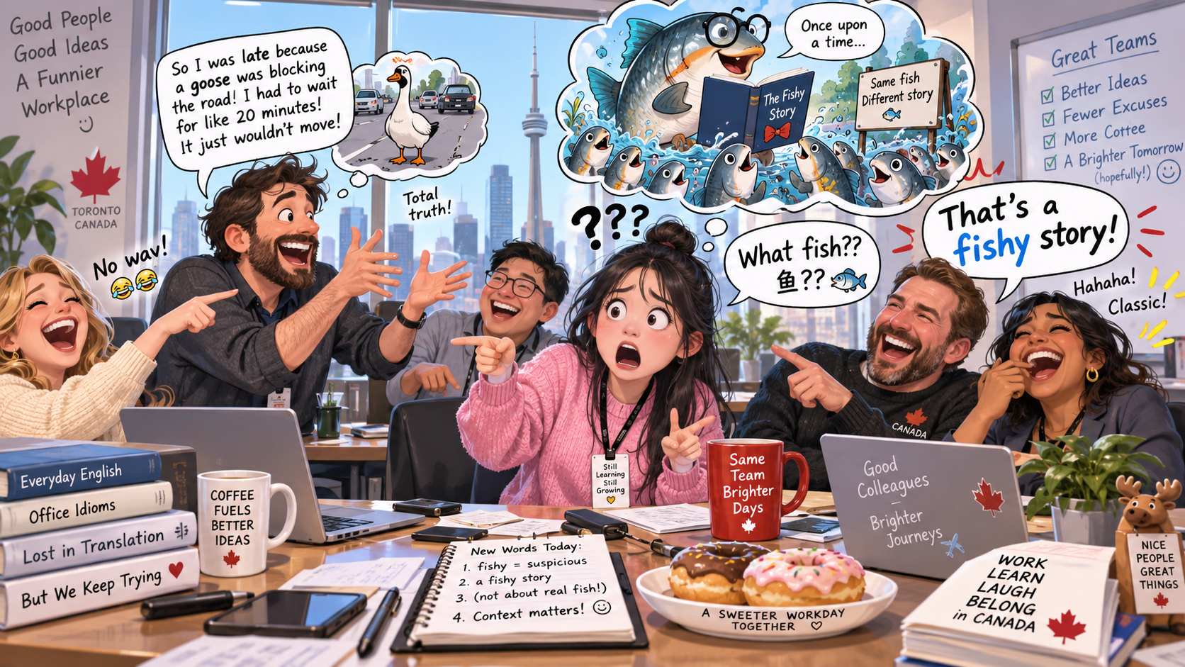 美剧学英语：fishy story - 加拿大办公室晨会，同事说“That’s a fishy story”，我居然问：什么鱼？