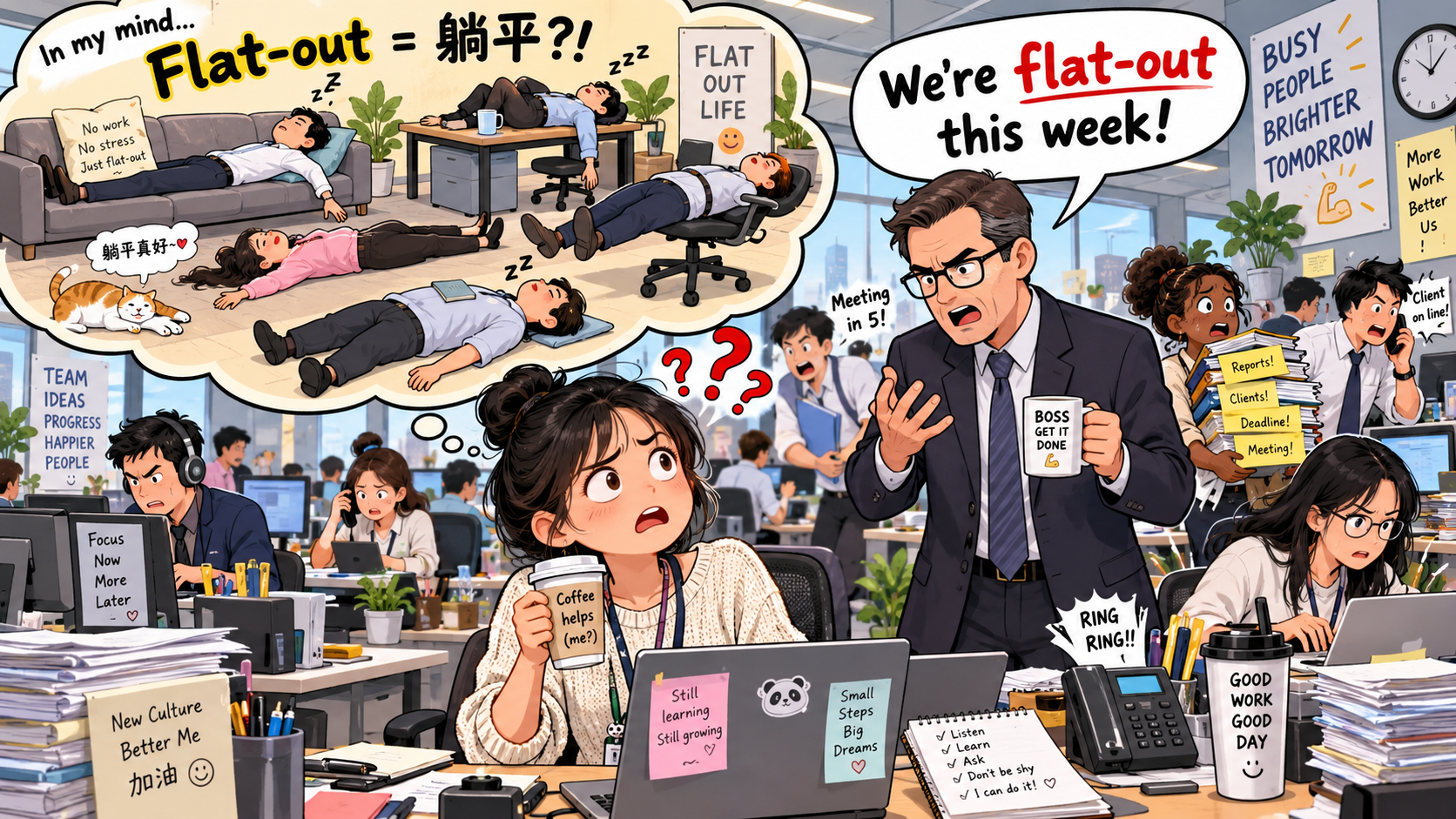 美剧学英语:flat-out - 加拿大办公室同事说“we’re flat-out”,我以为这周终于可以躺平了……