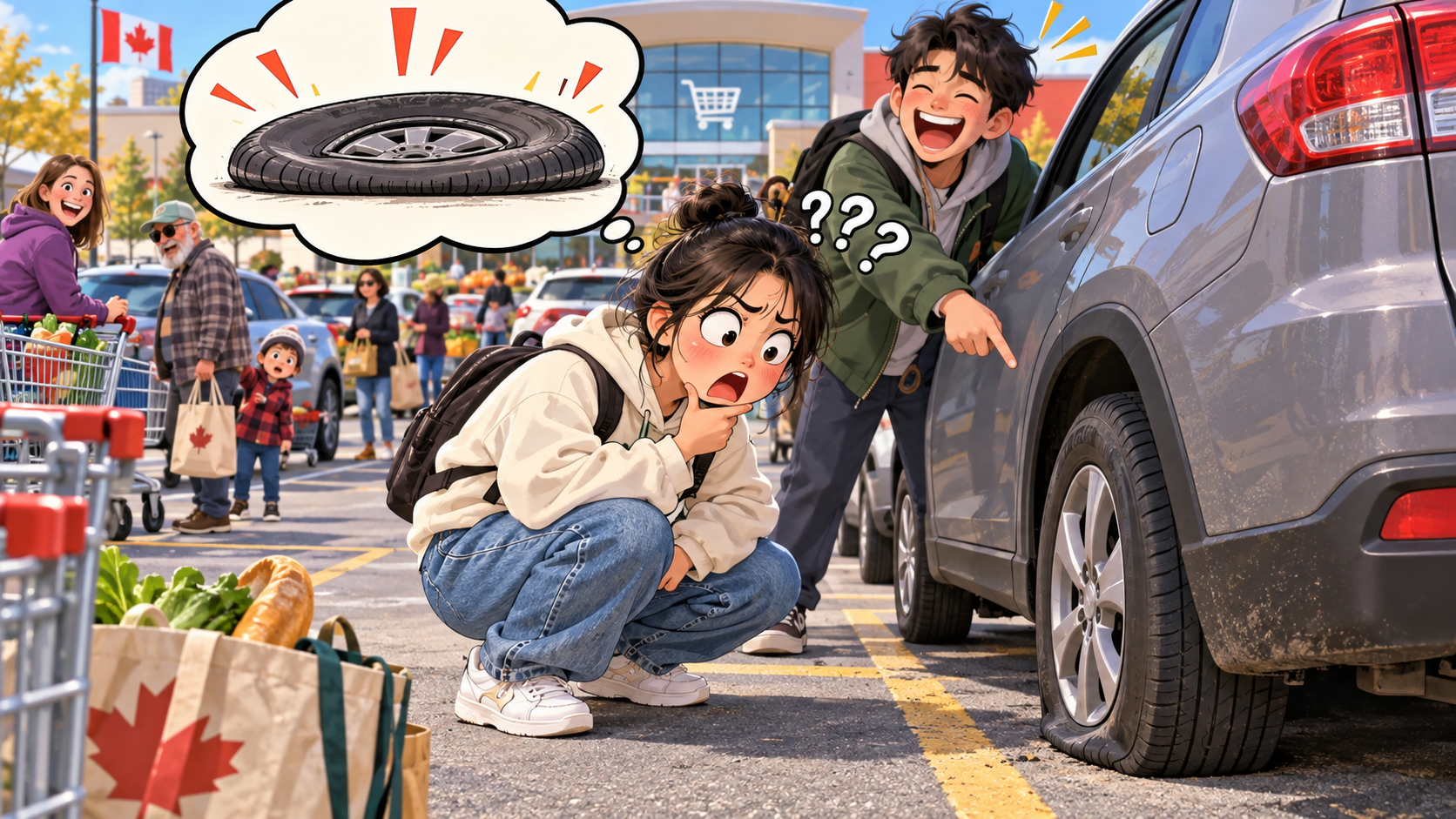美剧学英语:flat tyre - 加拿大超市停车场,朋友说“flat tyre”,我还蹲下研究轮胎到底哪里平了