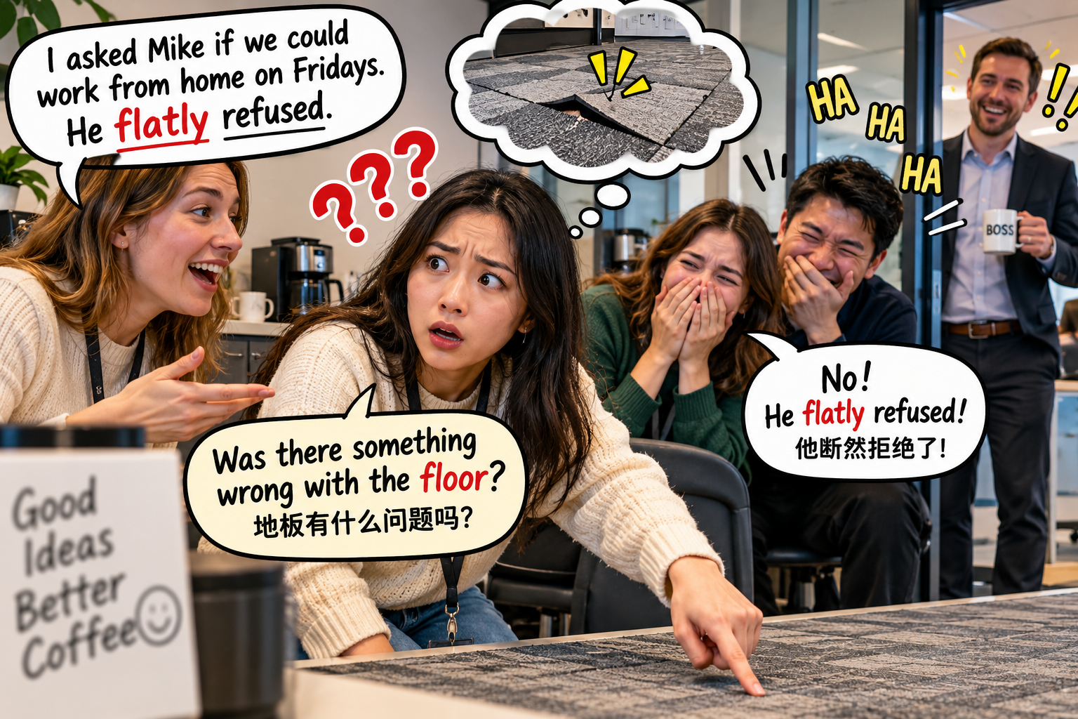 美剧说英语:flatly - 加拿大办公室里,同事说经理“flatly refused”,我以为是办公室地板出了问题……