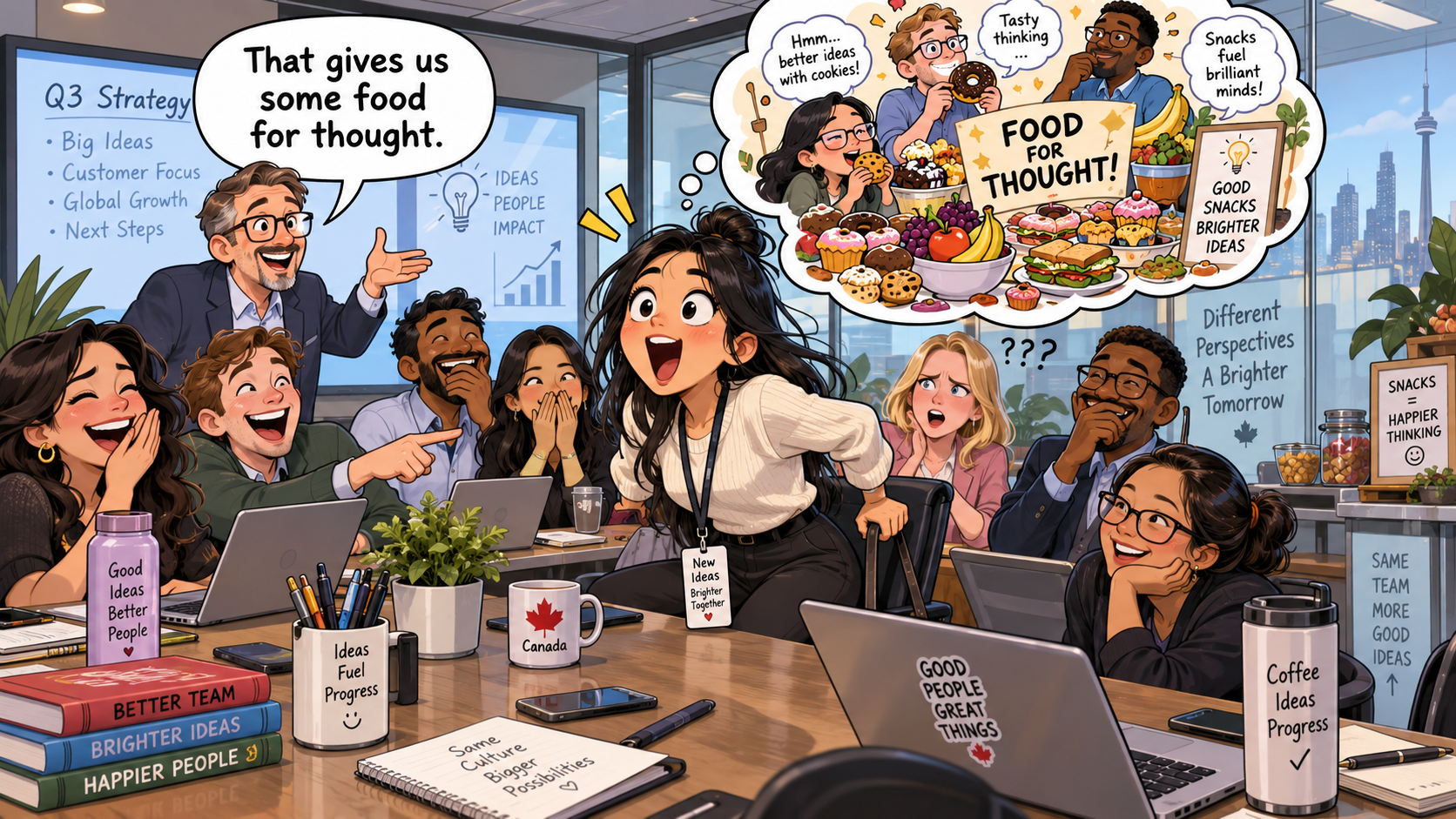 美剧学英语:food for thought - 加拿大办公室开会,同事说“food for thought”,我居然跑去茶水间拿吃的……