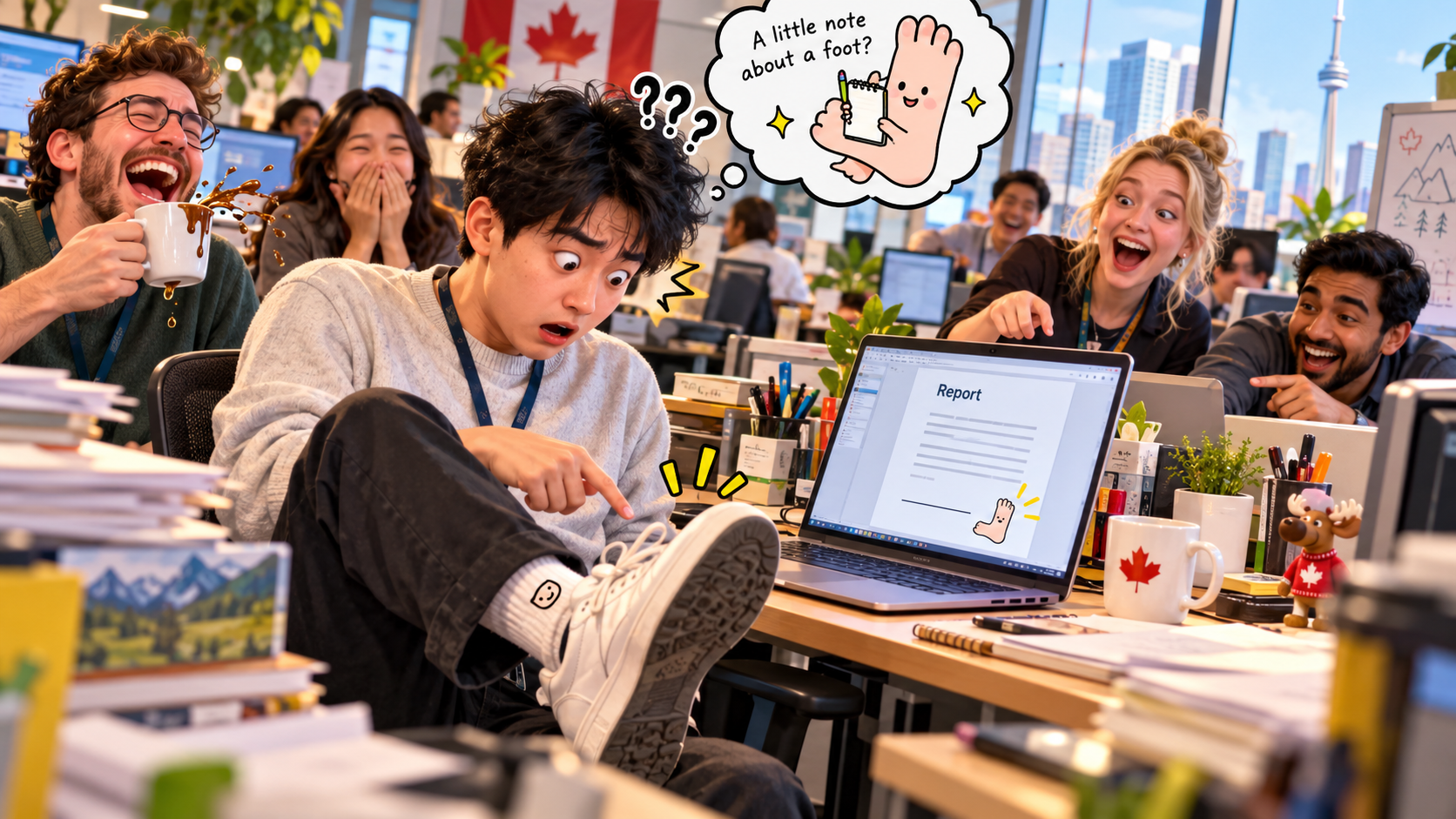 美剧学英语：foot note - 加拿大办公室里，同事让我加个“footnote”，我低头看了一眼自己的鞋……