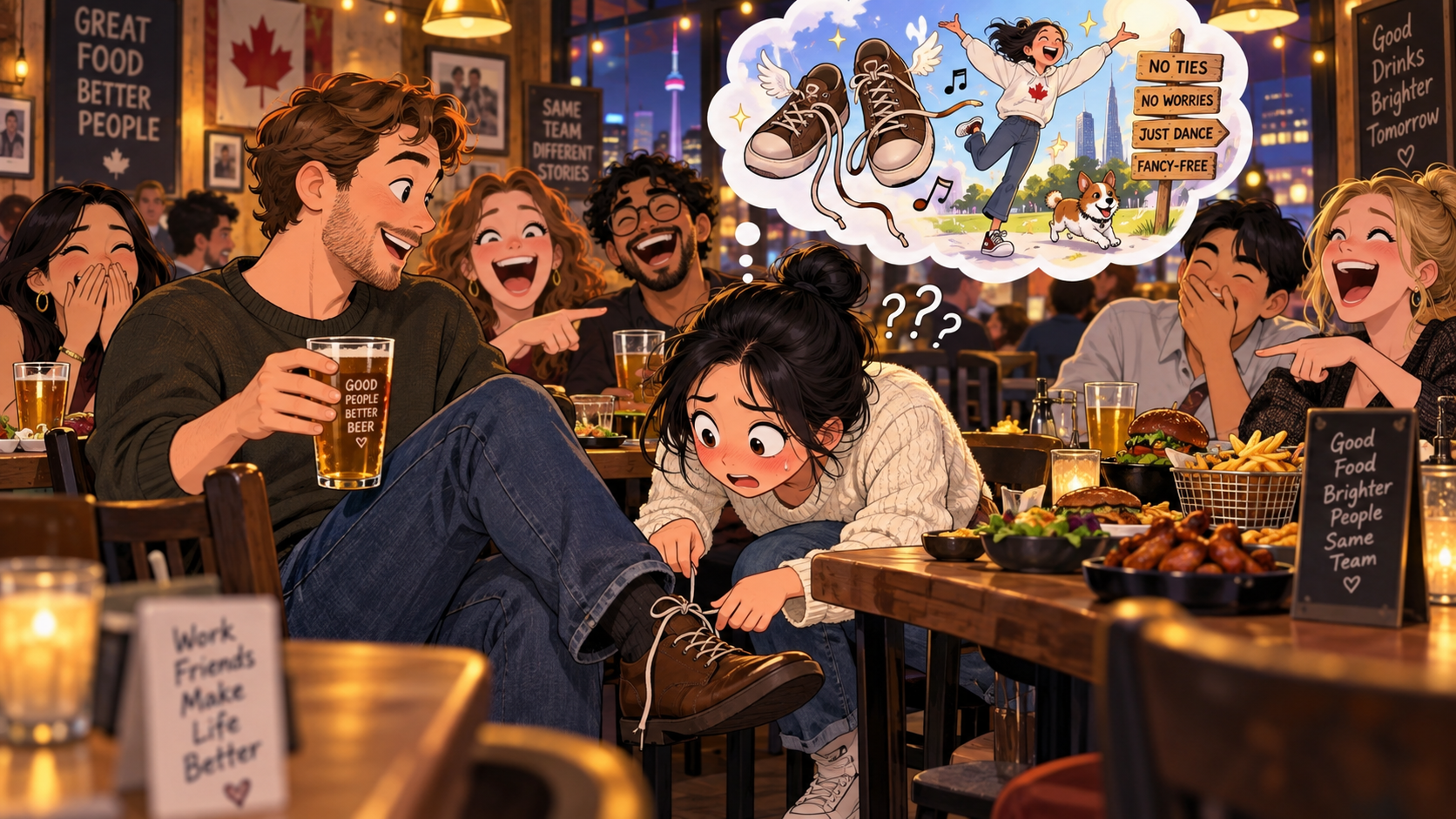 美剧学英语:footloose and fancy-free - 加拿大办公室聚餐,同事说自己“footloose and fancy-free”,我低头看了一眼他的鞋带……