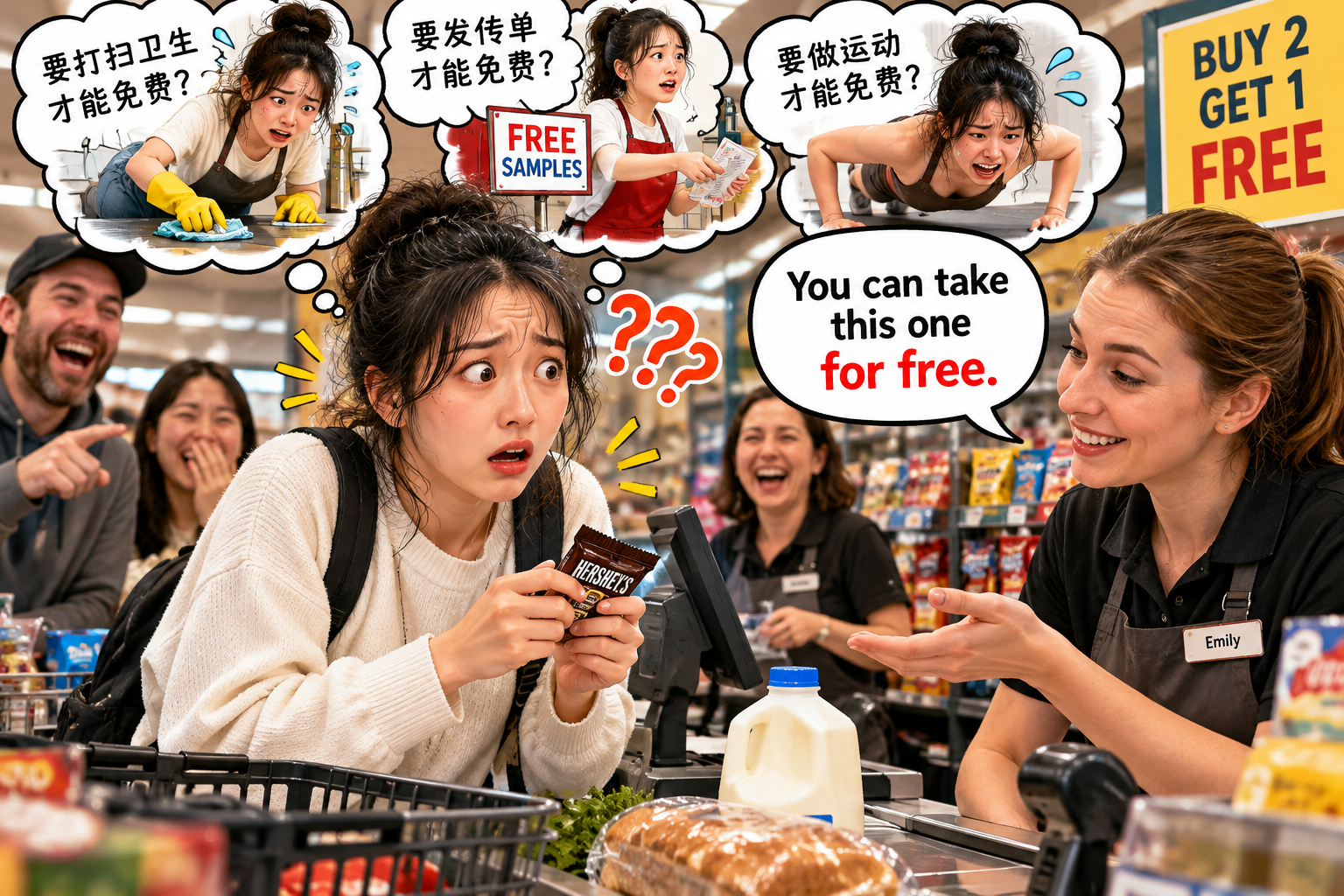 美剧说英语：for free - 加拿大超市结账时，收银员说“for free”，我还以为要先满足什么条件……