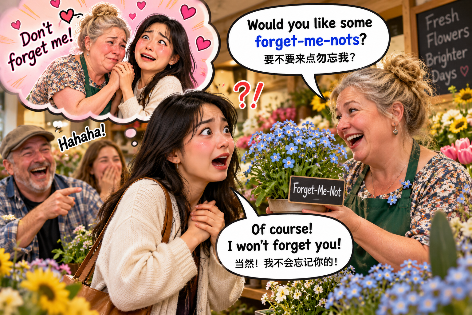 美剧说英语：forget-me-not - 加拿大花店老板问我要不要“forget-me-not”，我以为她在挽留我……