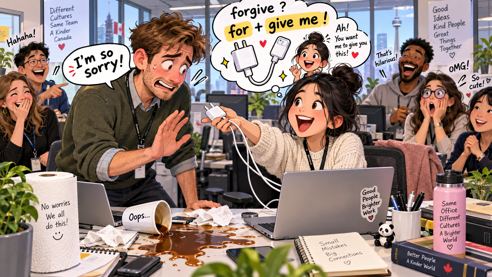 美剧学英语：forgive - 加拿大办公室同事说“forgive me”，我顺手把充电器递给了他……