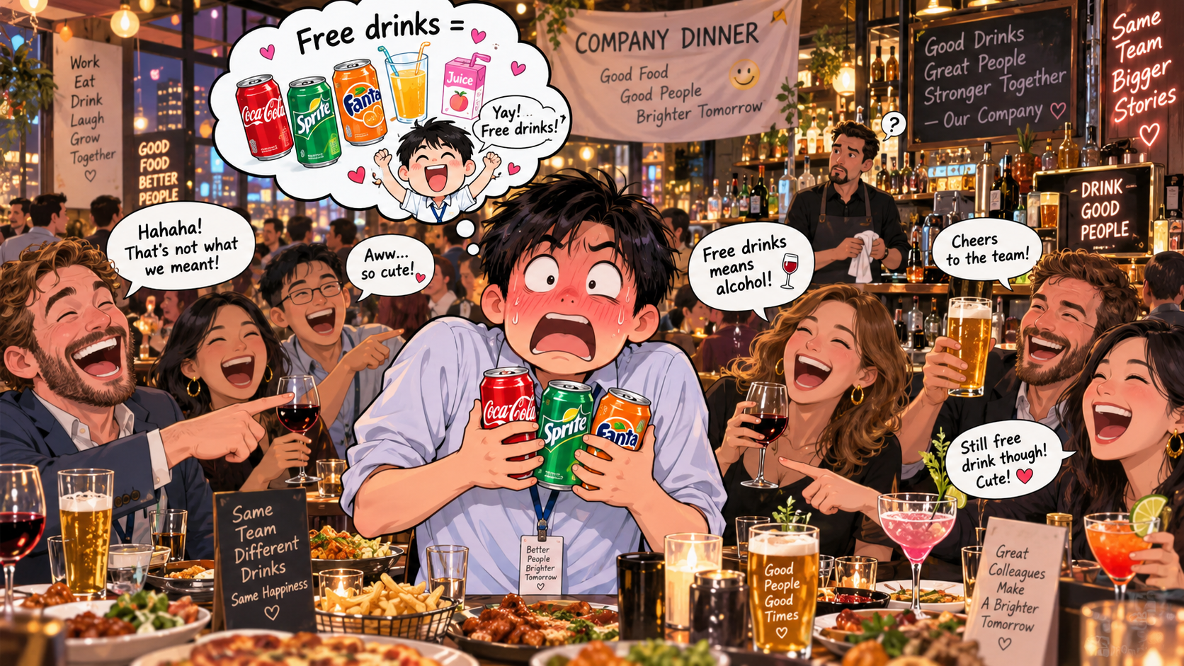 美剧学英语:free drink - 加拿大公司聚餐说有“free drinks”,我拿了三罐可乐才发现大家笑什么
