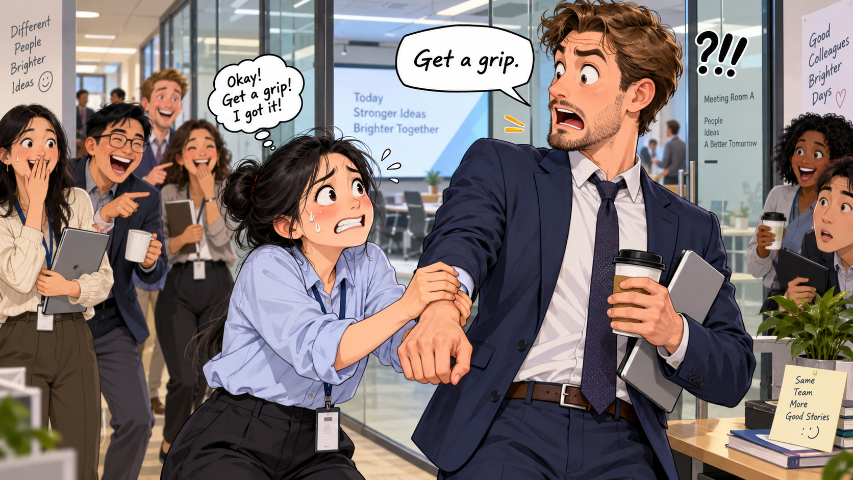 美剧学英语：get a grip - 加拿大办公室汇报前，同事让我“get a grip”，我一把抓住了他的手……