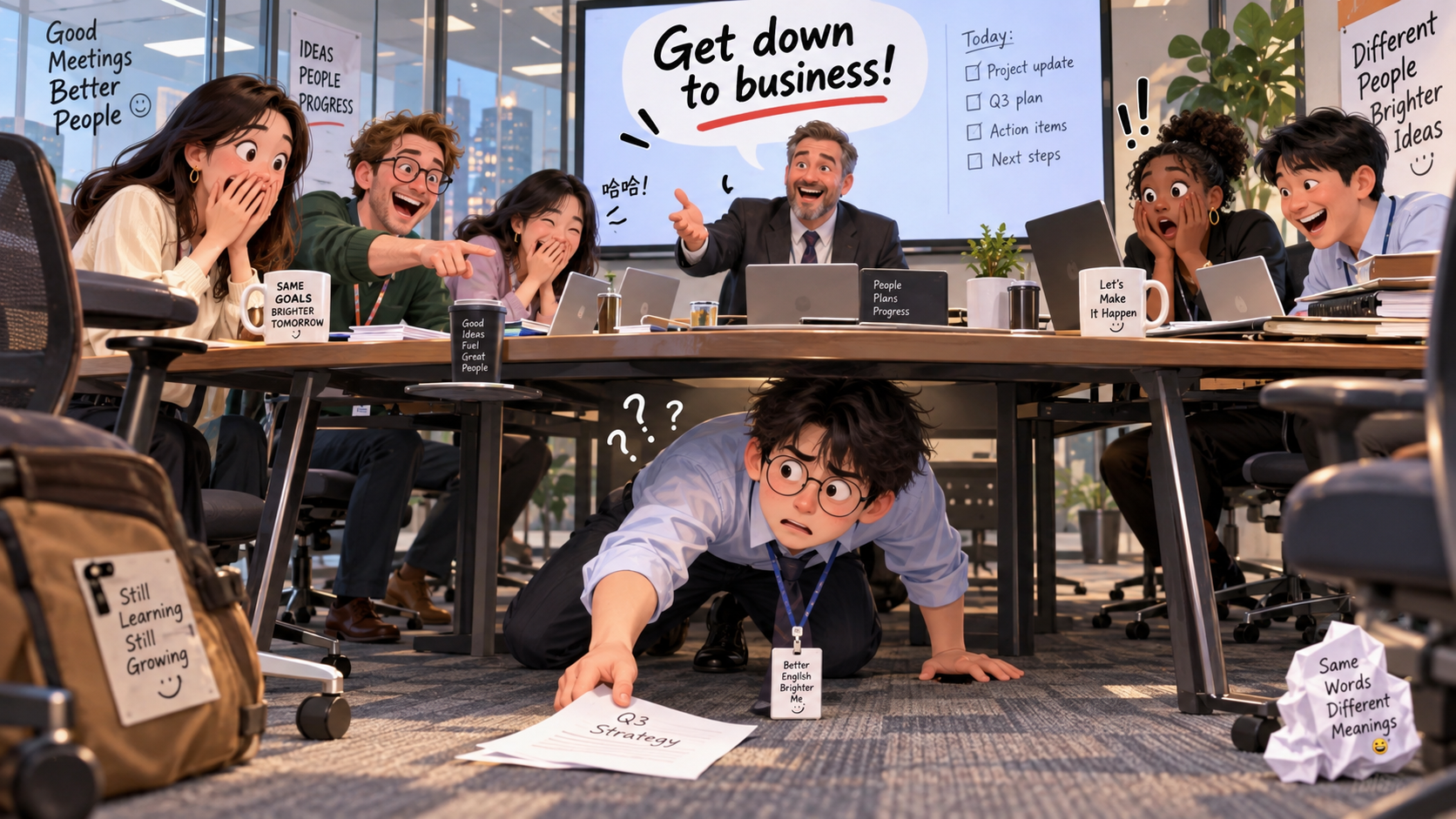 美剧学英语：get down to business - 加拿大办公室开会，老板说“get down to business”，我差点钻到桌子底下……