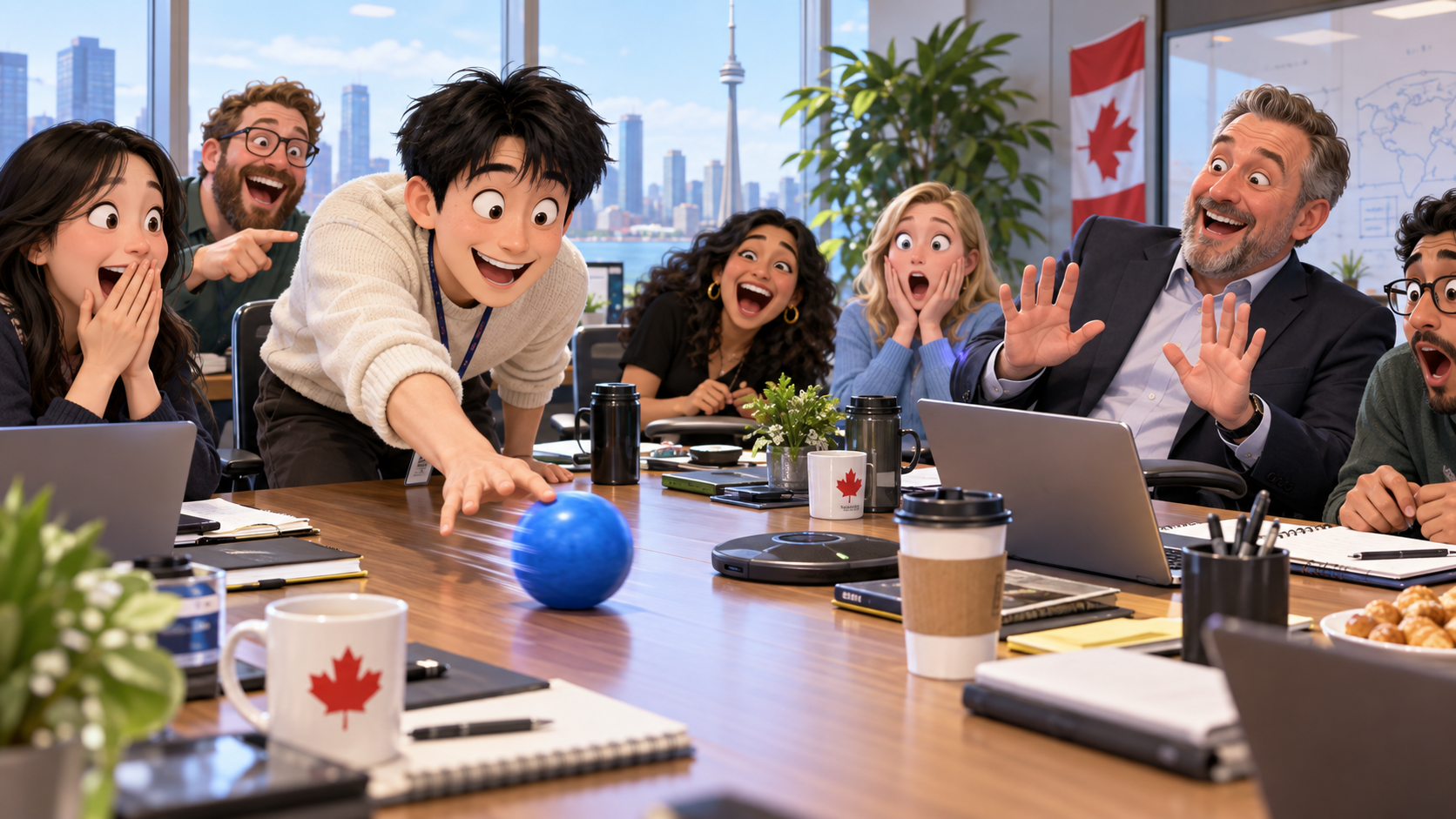 美剧学英语:get the ball rolling - 加拿大办公室晨会,同事让我“get the ball rolling”,我真的把桌上的球滚出去了