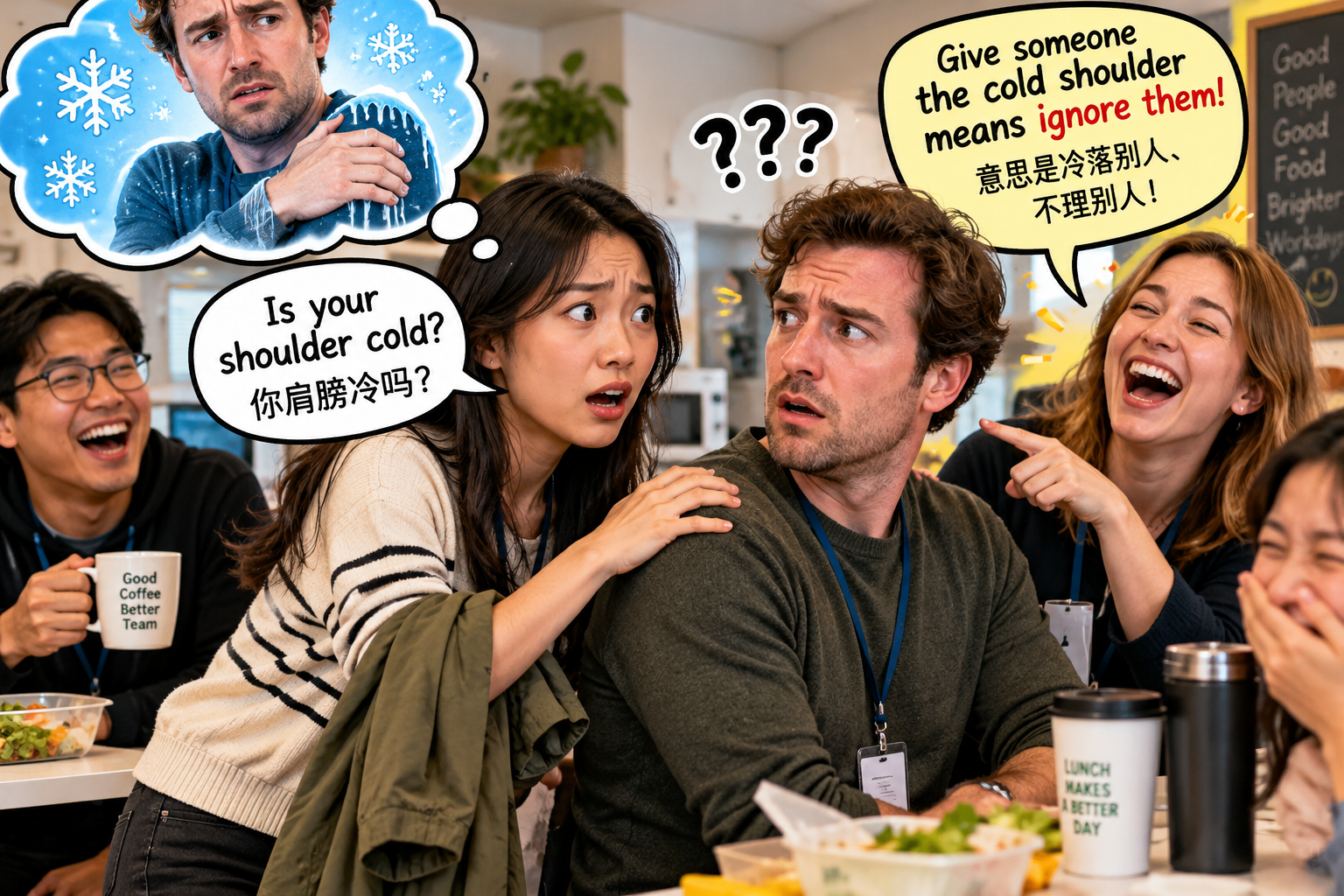 美剧学英语:get the cold shoulder - 加拿大办公室午休,同事说我被“cold shoulder”了,我下意识摸了摸肩膀……
