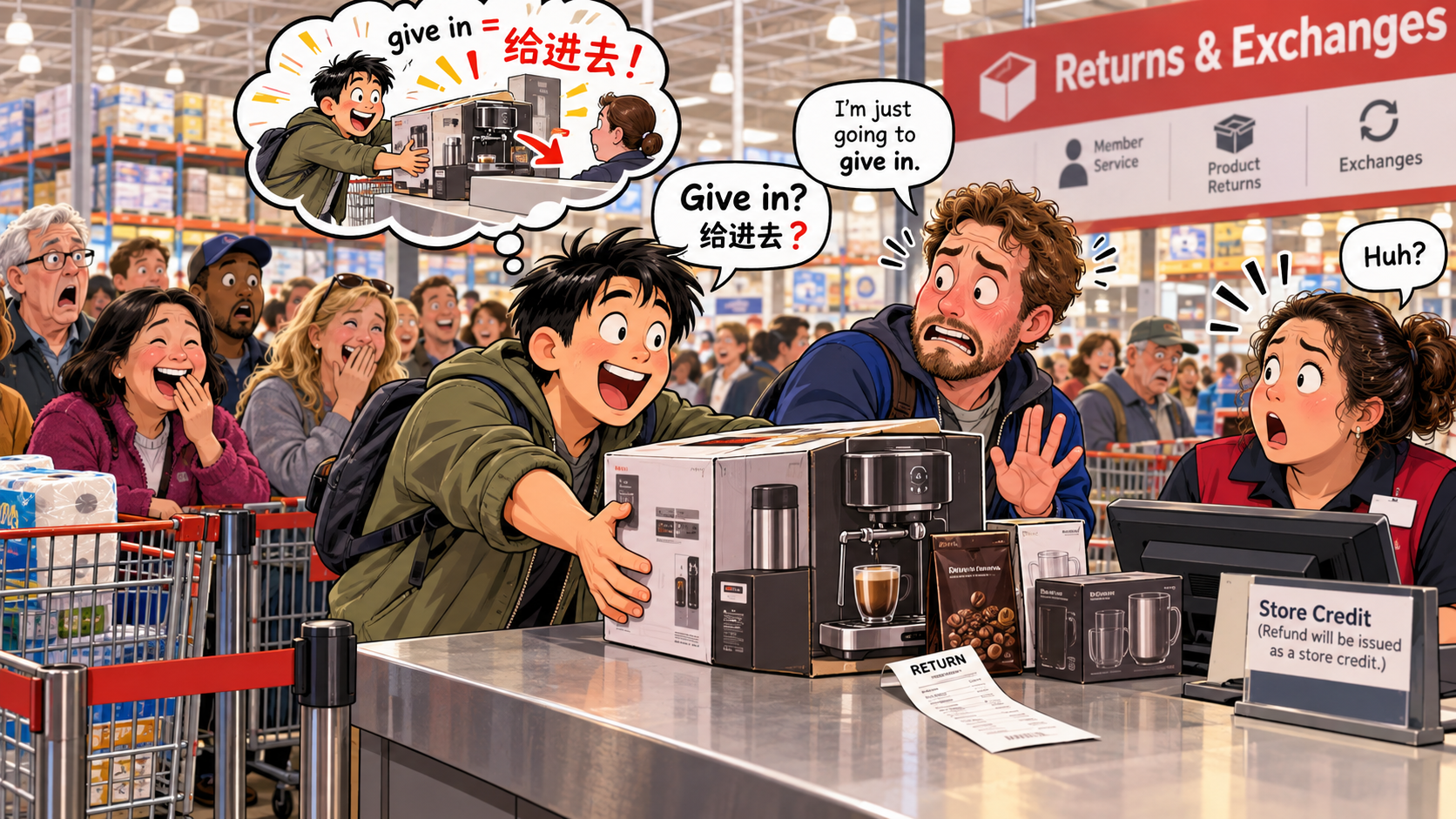 美剧学英语：give in - 加拿大Costco退货时，同事突然说“Just give in”，我差点把东西递进柜台……