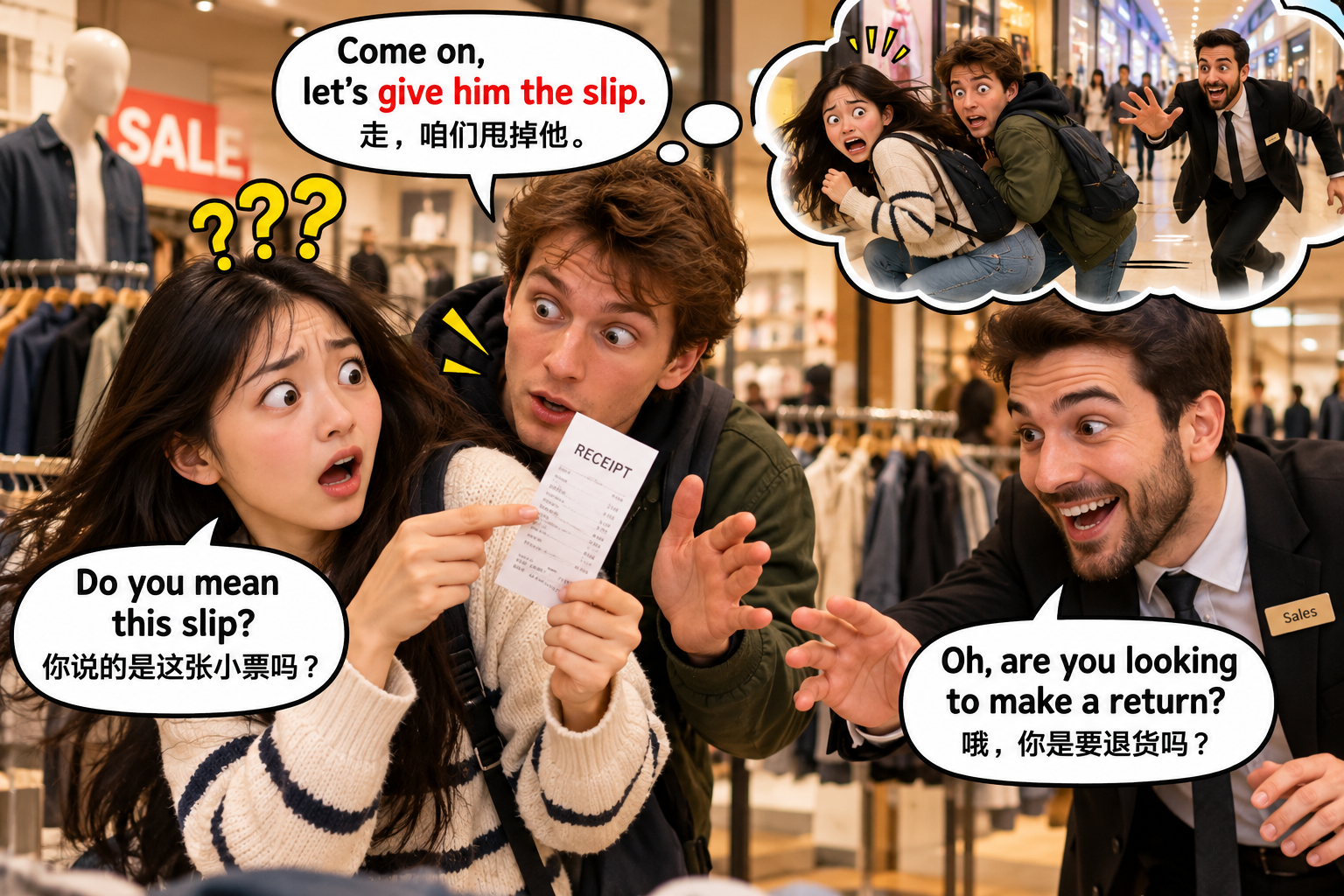 美剧说英语：give the slip - 加拿大商场里，同事说“give him the slip”，我竟然跑去找收据……