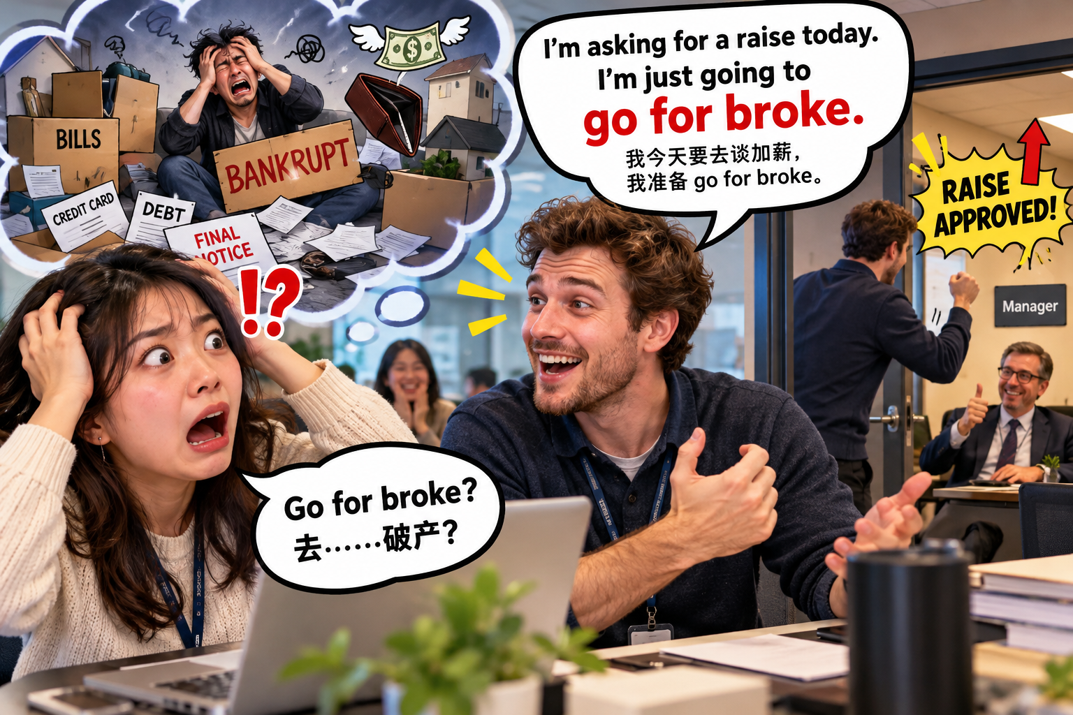 美剧说英语：go for broke - 加拿大办公室谈加薪，同事说“go for broke”，我以为他准备破产……