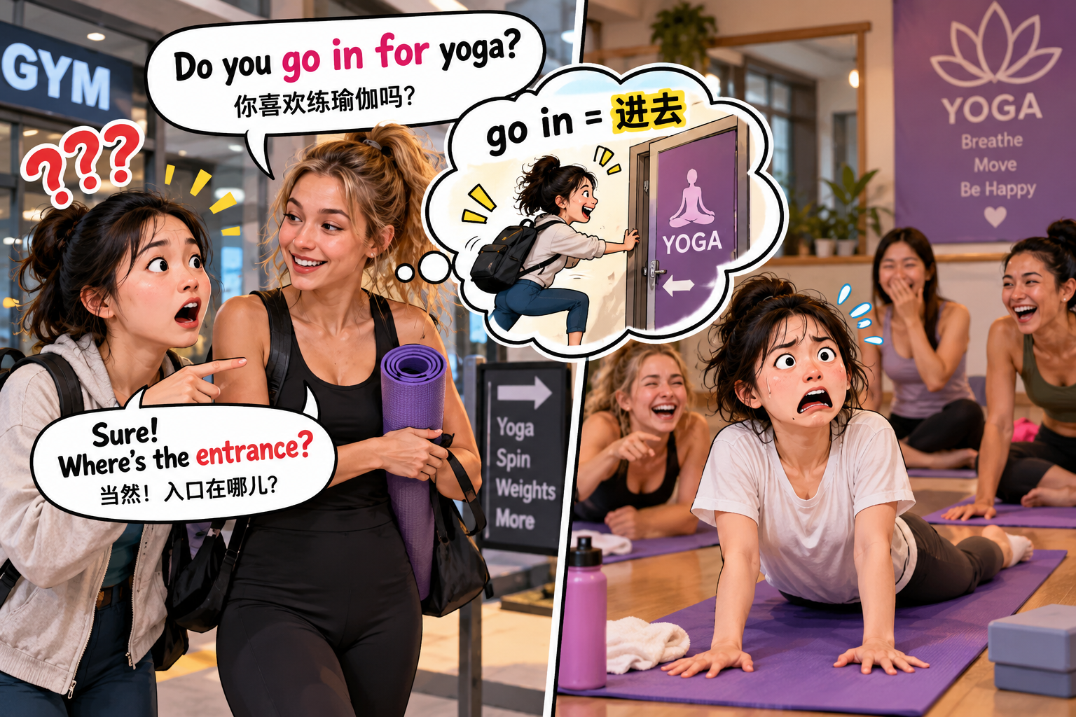 美剧说英语:go in for - 加拿大健身房同事问我“go in for yoga”,我却跑去找入口……