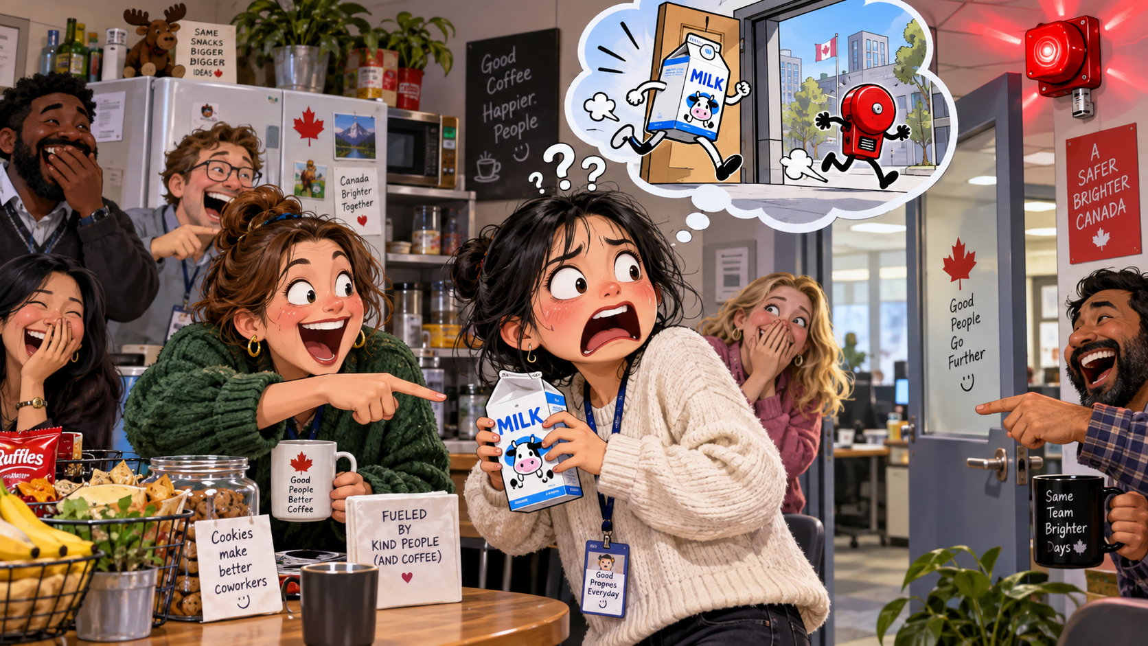 美剧学英语：go off - 加拿大办公室茶水间，同事说牛奶“go off”了，我跑到门口找牛奶……