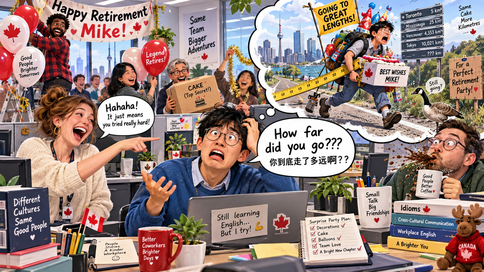 美剧学英语:go to great lengths - 加拿大办公室里,同事说他“go to great lengths”,我居然开始问他走了多少公里