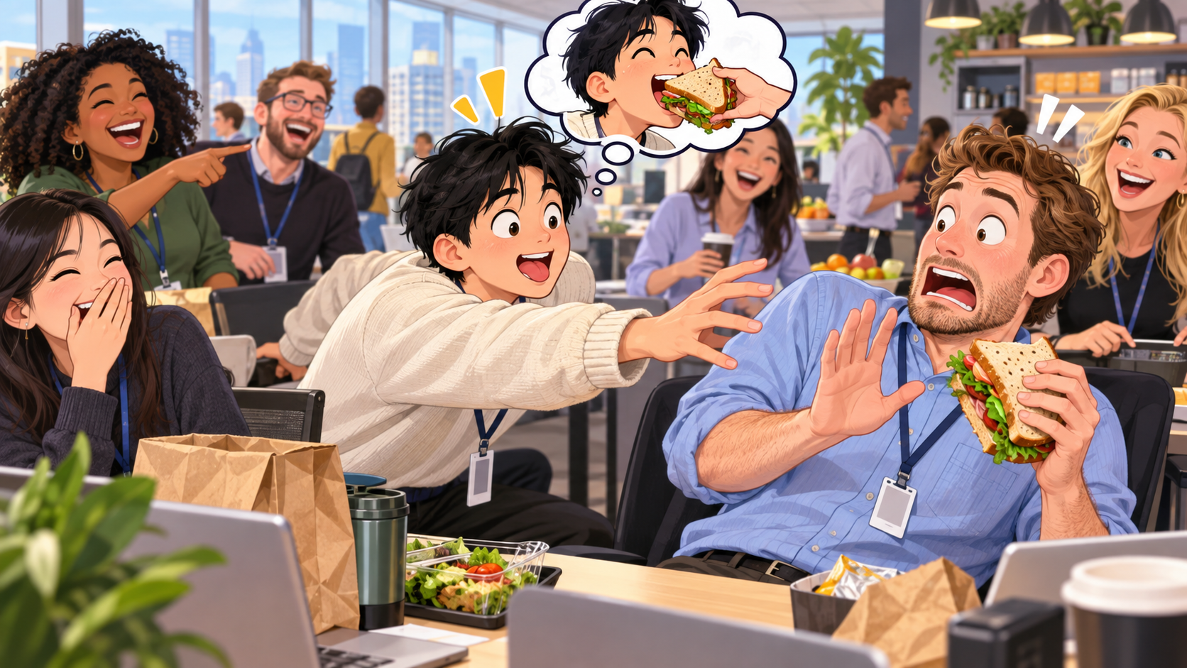 美剧学英语：grab a bite - 加拿大办公室午休，同事说“grab a bite”，我伸手抓起了他的三明治……