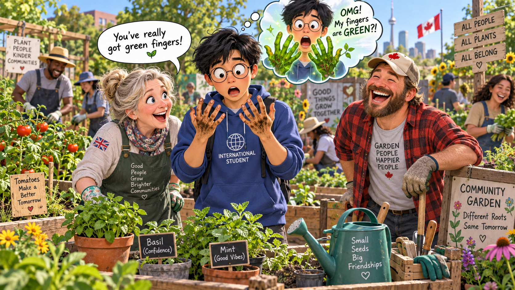 美剧学英语:green finger - 加拿大社区花园里,邻居说我有“green fingers”,我低头检查了半天手指……