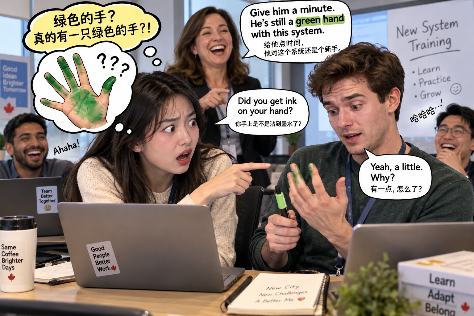 美剧学英语:green hand - 加拿大办公室培训,同事说他是“green hand”,我真的低头看了他的手……