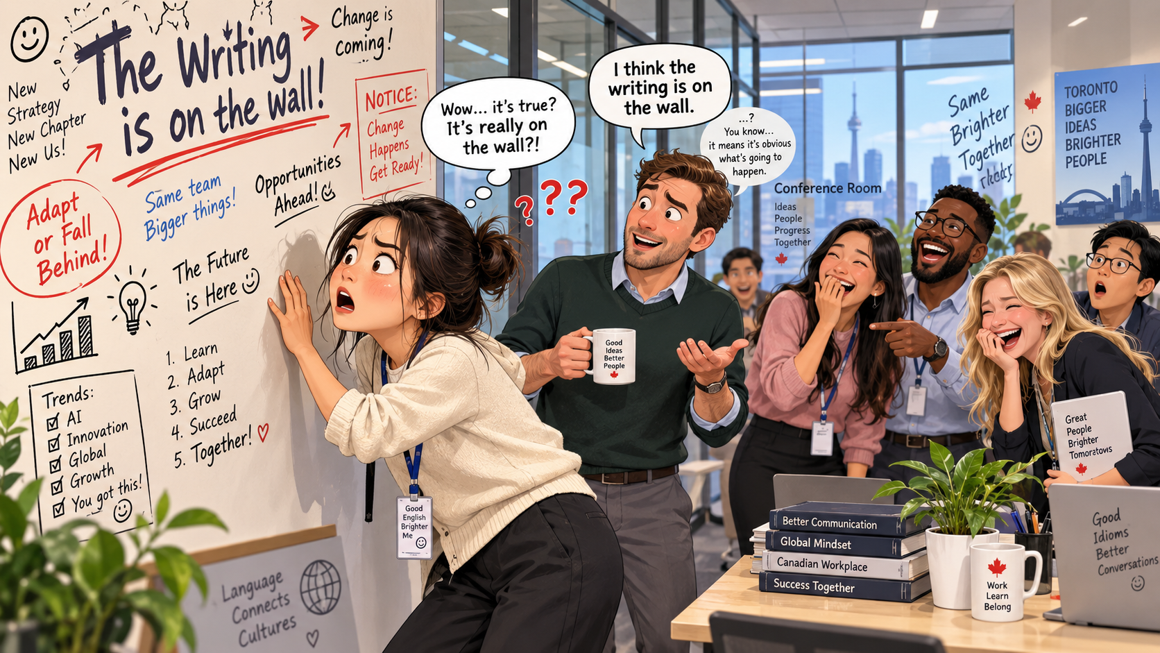 美剧学英语:handwriting on the wall - 加拿大办公室同事说“the writing’s on the wall”,我真的转头找谁在墙上乱写了……
