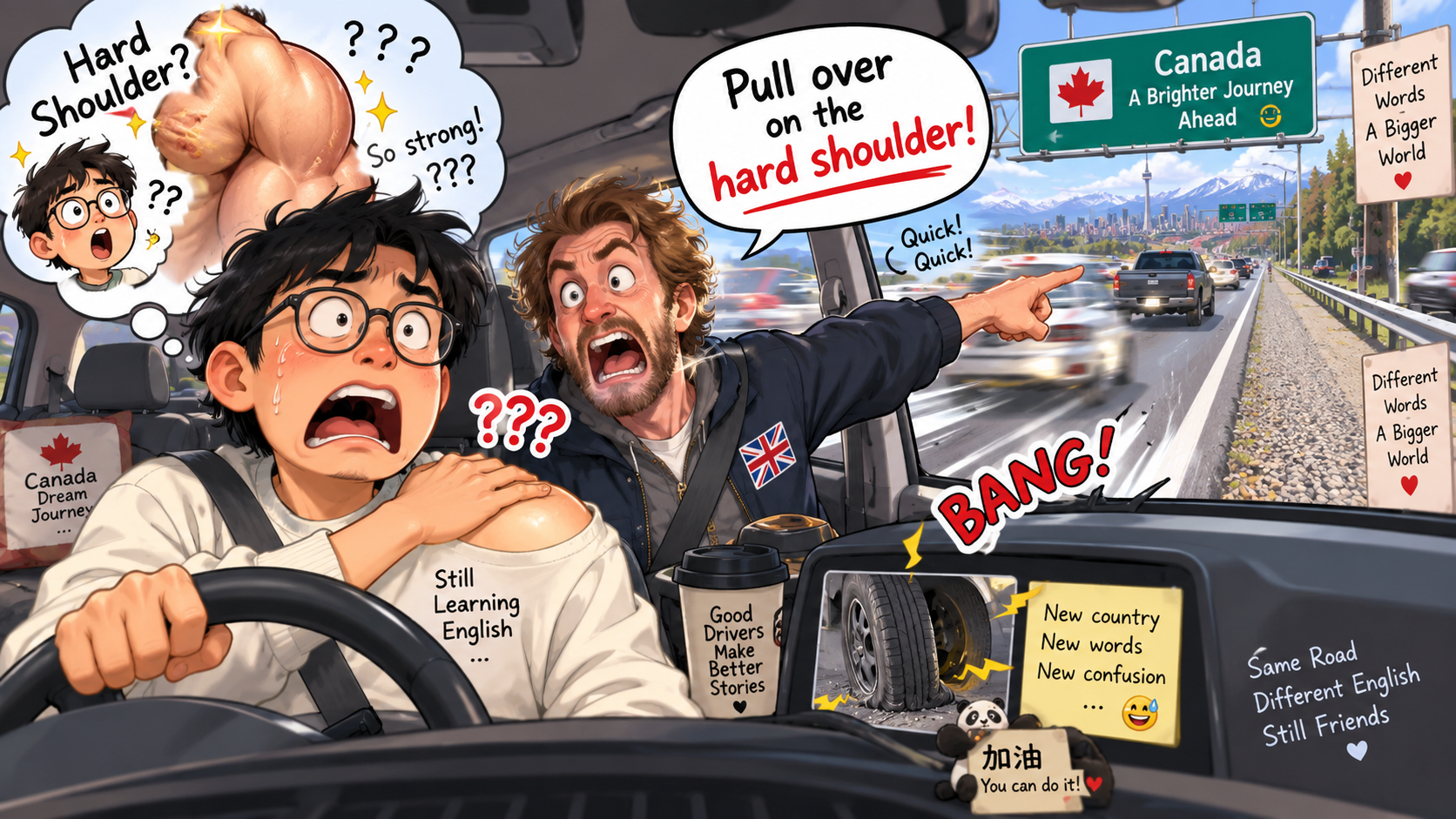 美剧学英语：hard shoulder - 加拿大高速爆胎，同事让我去“hard shoulder”，我开始摸自己的肩膀……