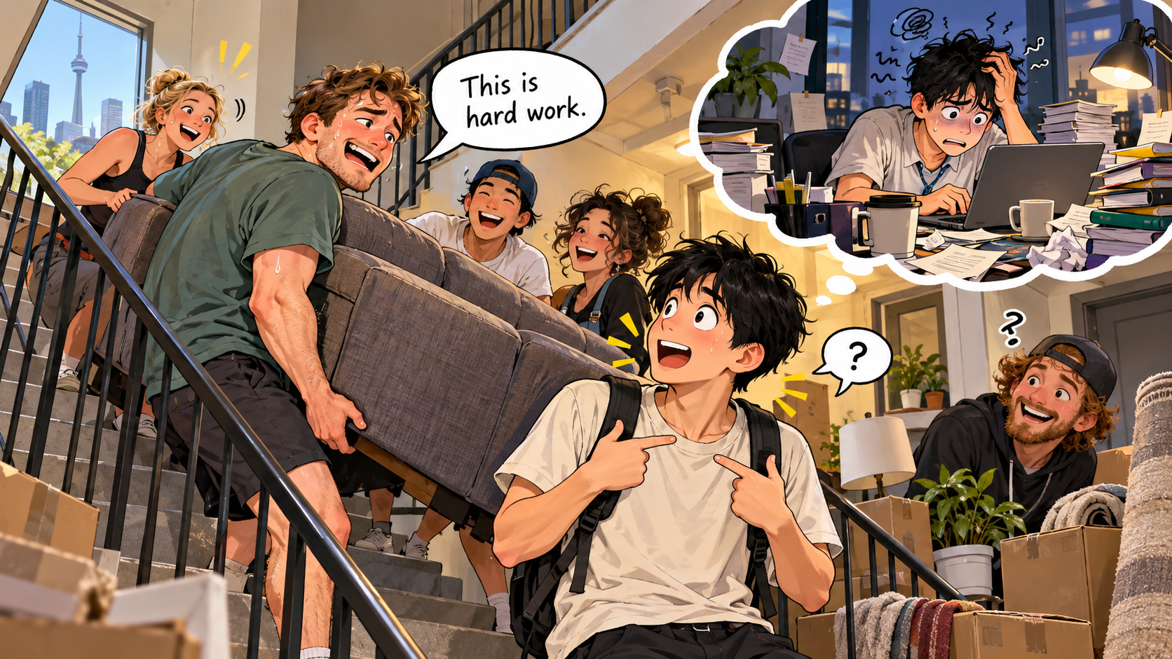 美剧学英语：hard work - 加拿大搬家时朋友说“hard work”，我赶紧说：对，我最近工作特别辛苦……