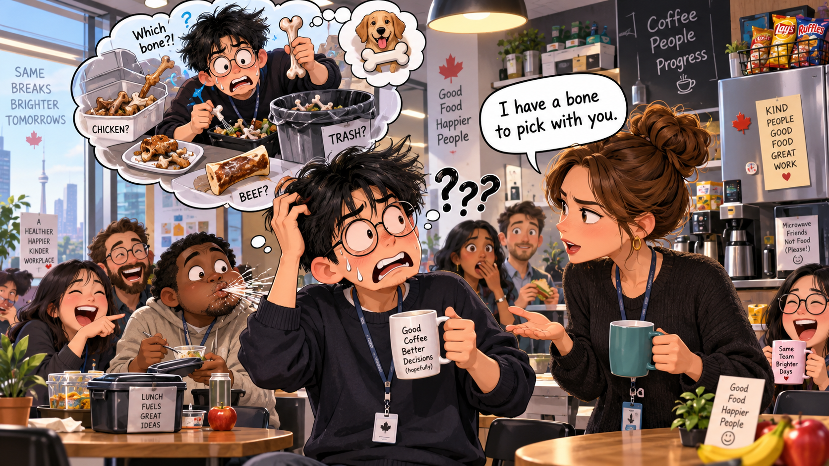 美剧学英语：have a bone to pick with - 加拿大办公室茶水间，同事说“有根骨头要跟我挑”，我差点去找狗粮