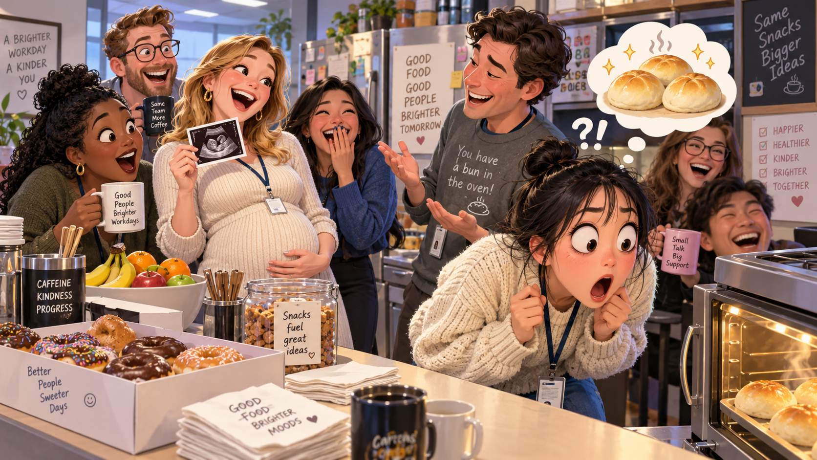 美剧学英语:have a bun in the oven - 加拿大办公室下午茶:同事说她“烤箱里有个面包”,我还问什么时候能吃