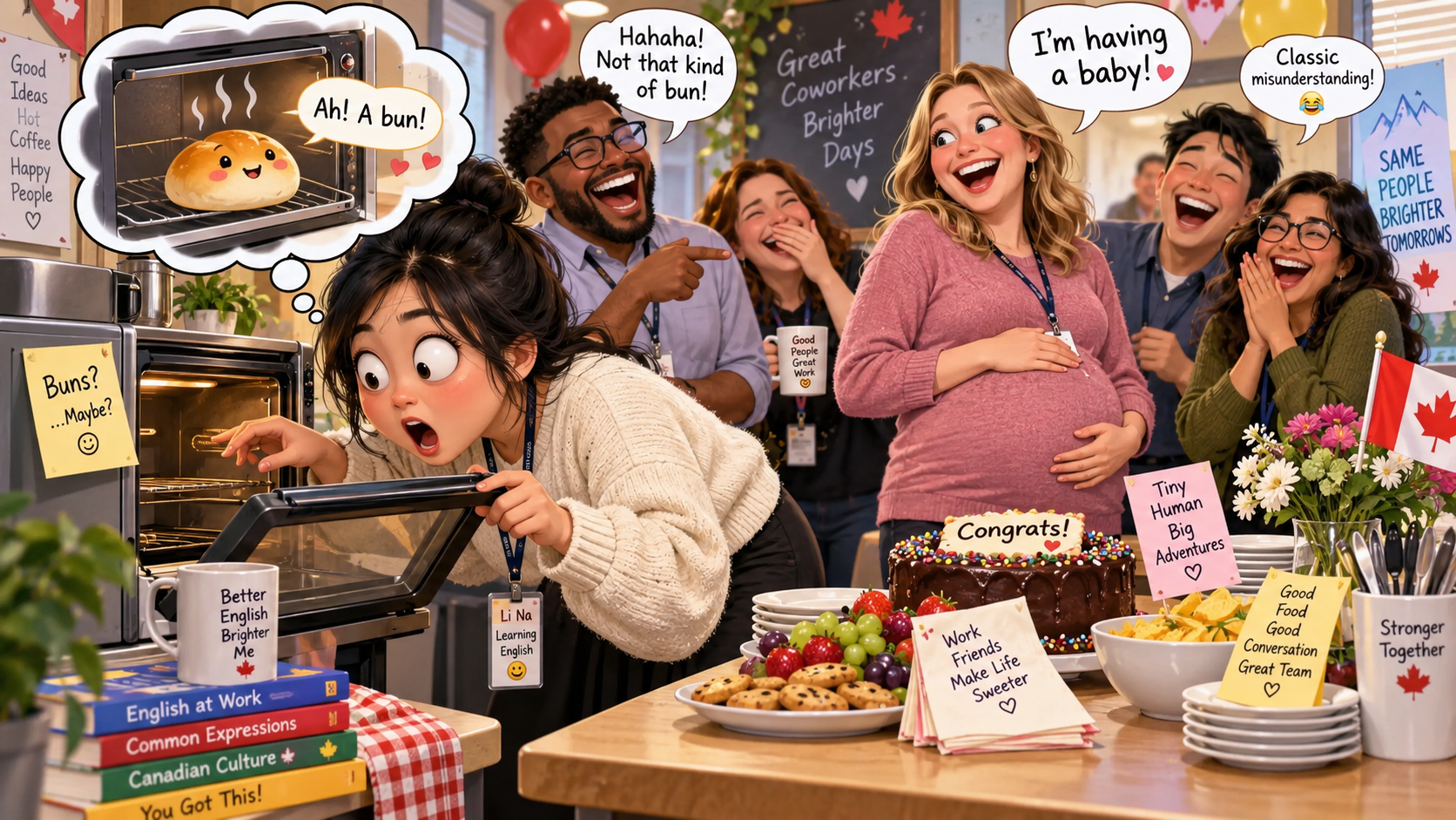 美剧学英语:have a bun in the oven - 加拿大办公室茶水间,同事说烤箱里有个面包,我真跑去找了……