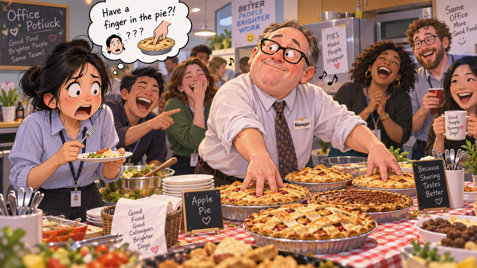 美剧学英语:have a finger in the pie - 加拿大办公室聚餐,同事说经理“把手指插进每个派里”,我立刻不敢吃了
