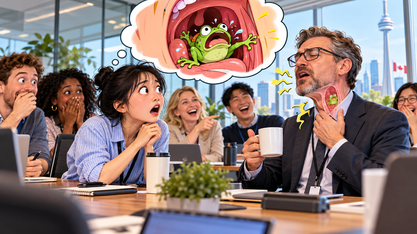 美剧学英语:have a frog in one's throat - 加拿大办公室开会,同事说“喉咙里有只青蛙”,我差点问要不要叫人来抓……