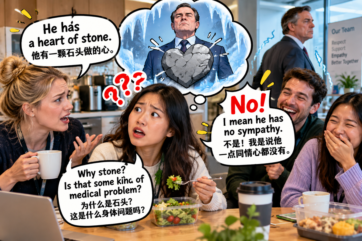 美剧学英语：have a heart of stone - 加拿大办公室里，同事说老板有一颗“石头心”，我居然问石头放哪了
