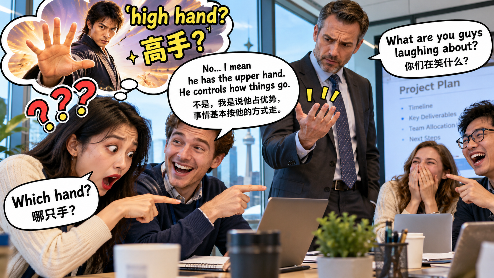 美剧学英语:have a high hand - 加拿大办公室开会,同事说经理“有一只高手”,我盯了他半天……