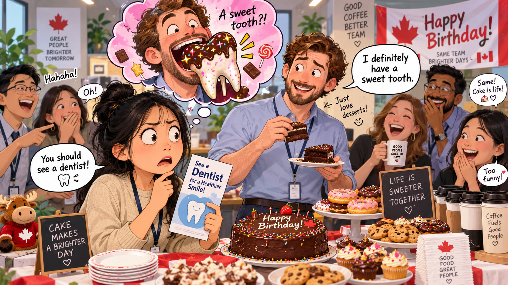 美剧学英语：have a sweet tooth - 加拿大办公室生日会，同事说自己“有颗甜牙”，我差点给他推荐牙医……