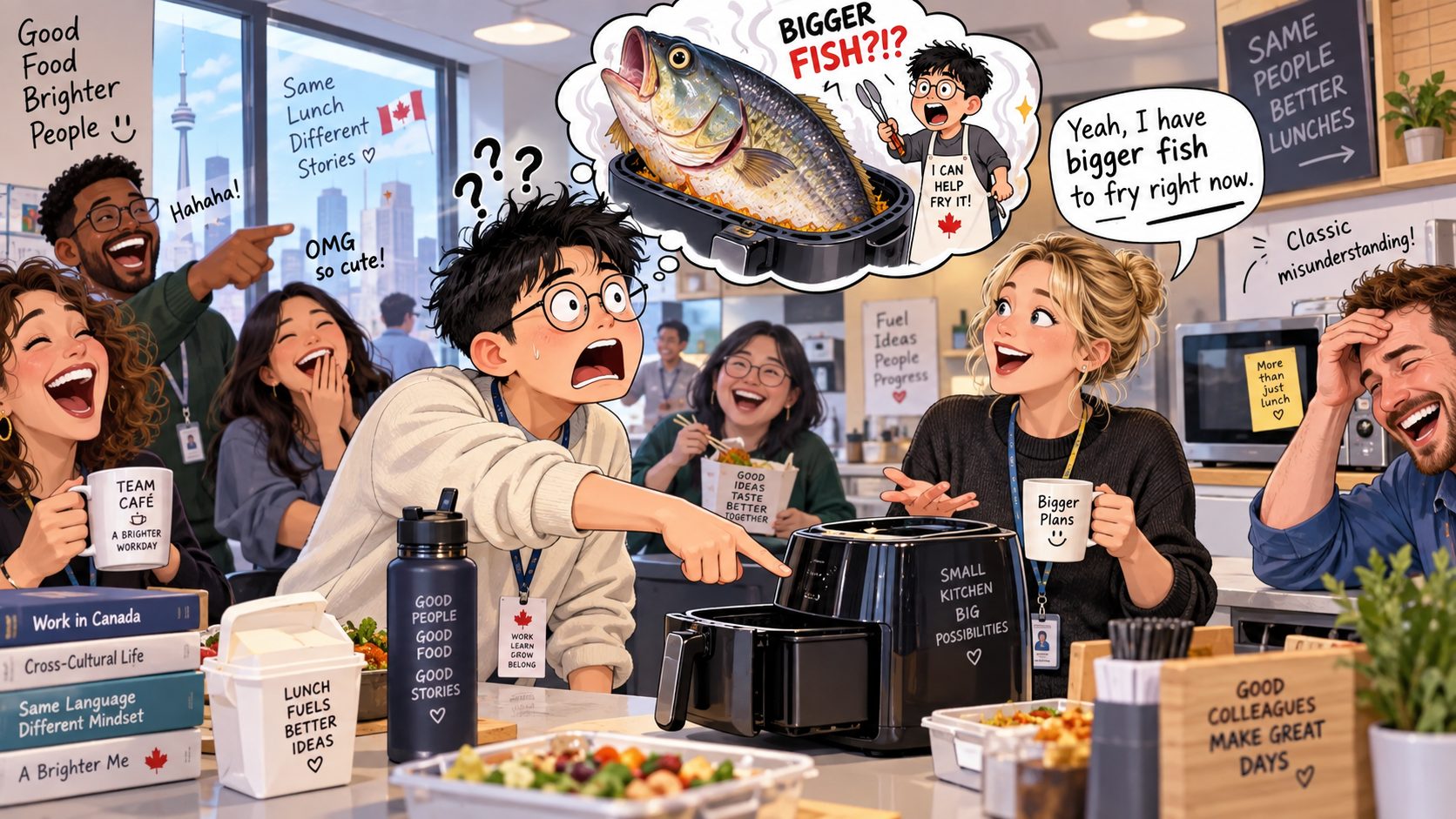 美剧学英语:have bigger fish to fry - 加拿大办公室午餐:同事说有更大的鱼要炸,我真的去找空气炸锅了
