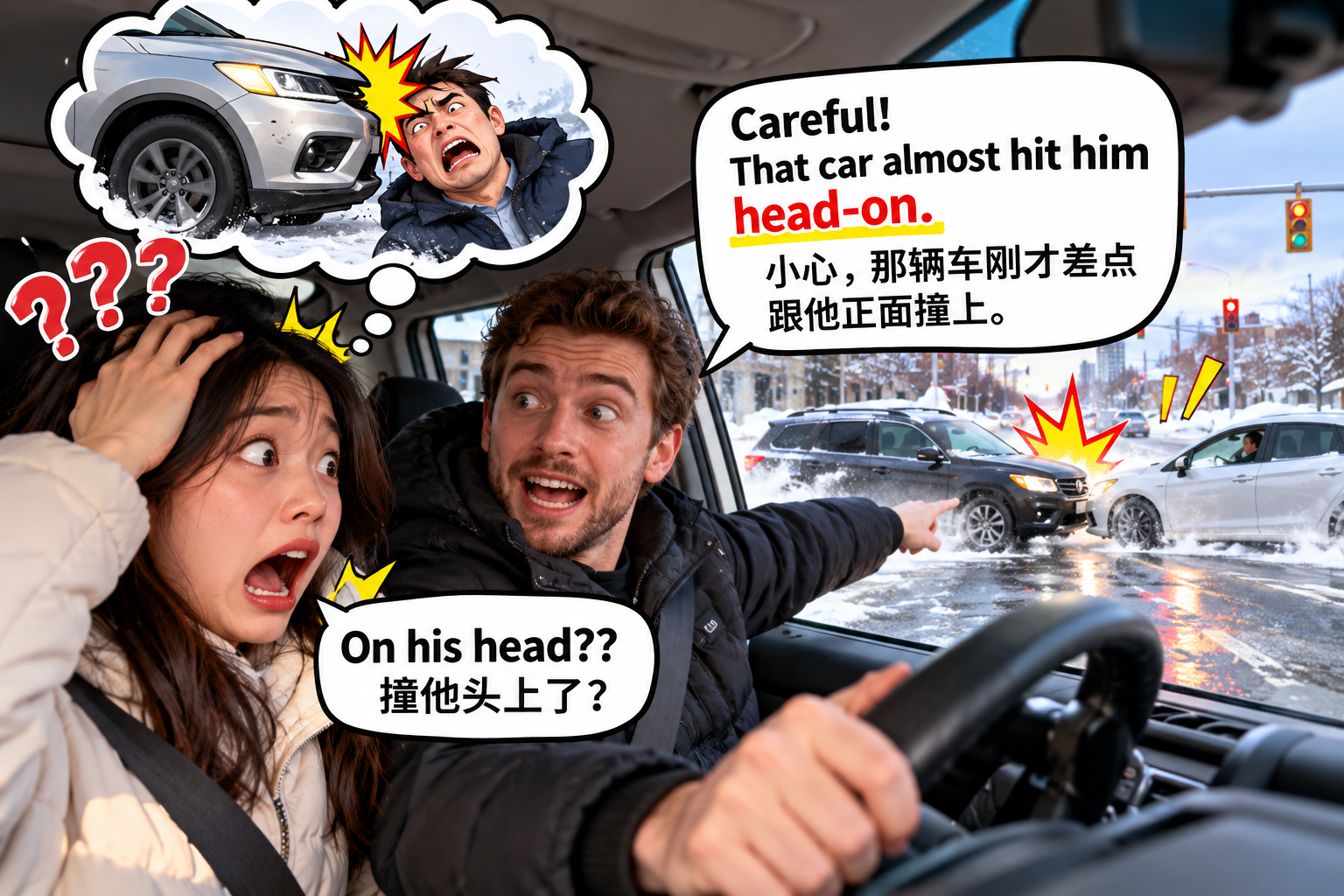 美剧说英语：head-on - 加拿大开车时同事说“head-on”，我下意识摸了摸自己的头……