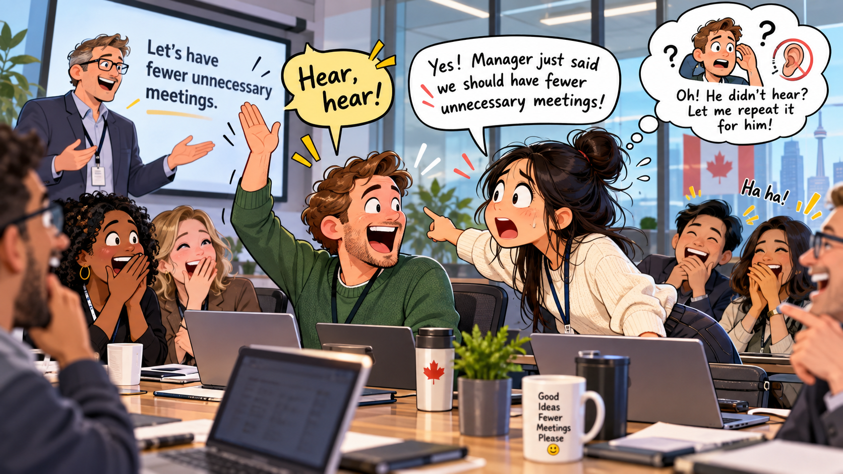 美剧说英语：hear, hear - 加拿大办公室开会，同事突然喊“hear, hear”，我以为他没听清……