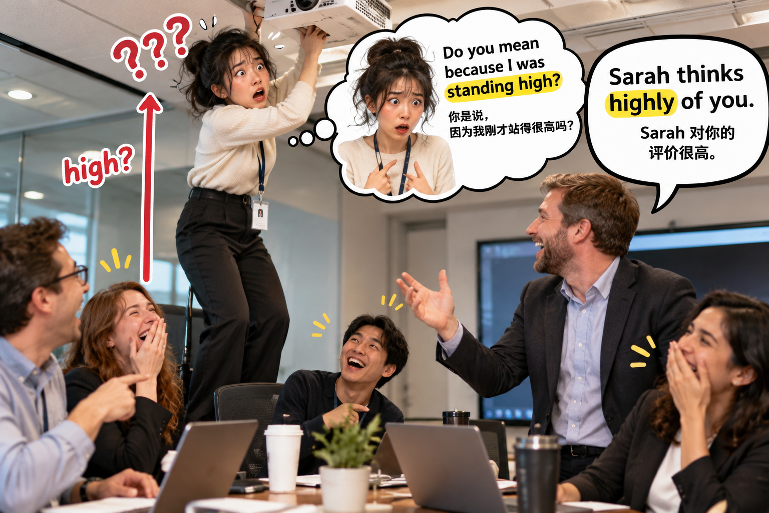 美剧说英语:high - 加拿大办公室里同事说“think highly of you”,我还以为他嫌我站得太高……