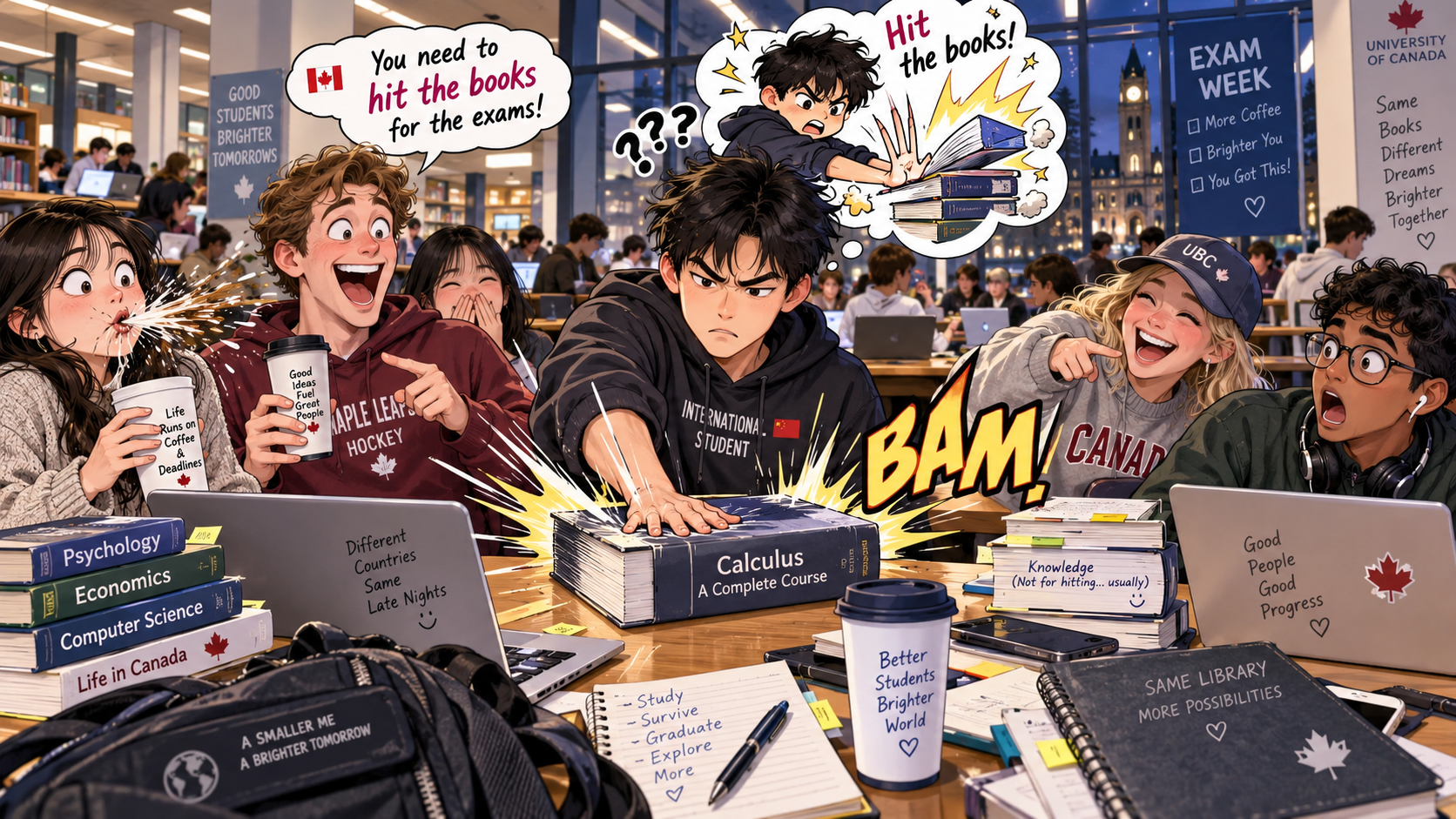 美剧学英语：hit the books - 加拿大大学图书馆里，同学让我“hit the books”，我真的抬手拍了下去……