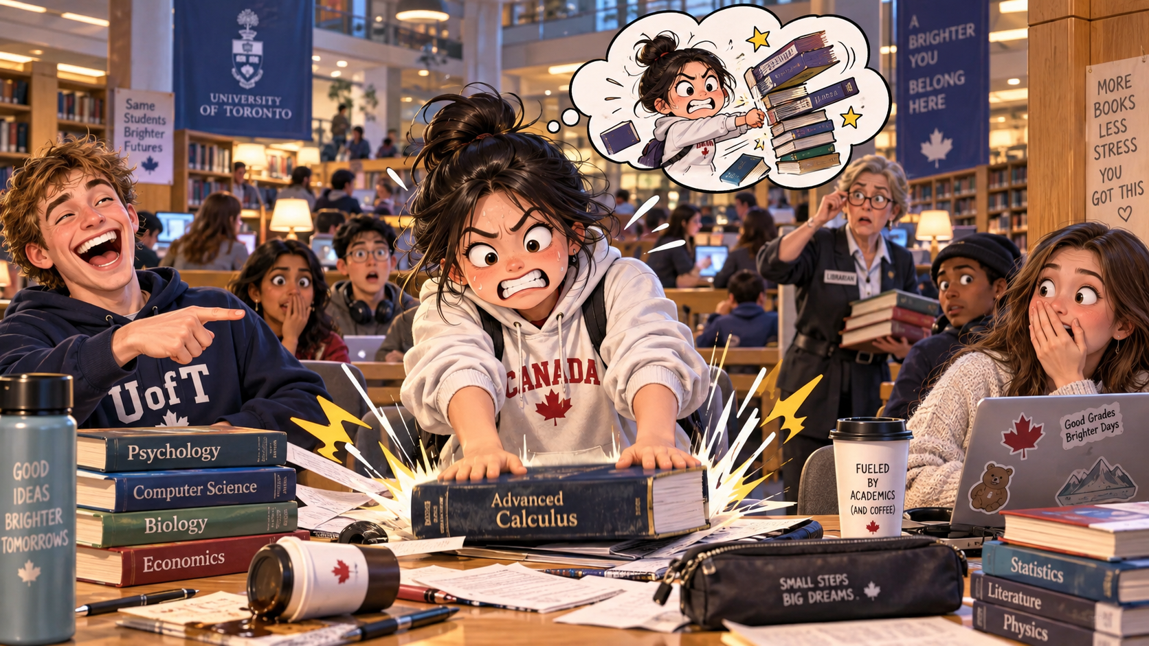 美剧学英语：hit the books - 加拿大大学图书馆，同学说“hit the books”，我真把书拍桌上了
