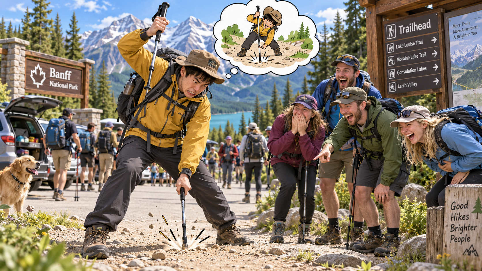 美剧学英语：hit the trail - 加拿大朋友说“hit the trail”，我在班夫徒步停车场举起了登山杖……
