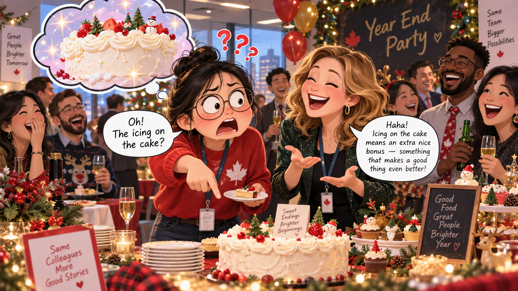 美剧学英语：icing on the cake - 加拿大公司年终聚餐，同事说“icing on the cake”，我真的去找蛋糕了