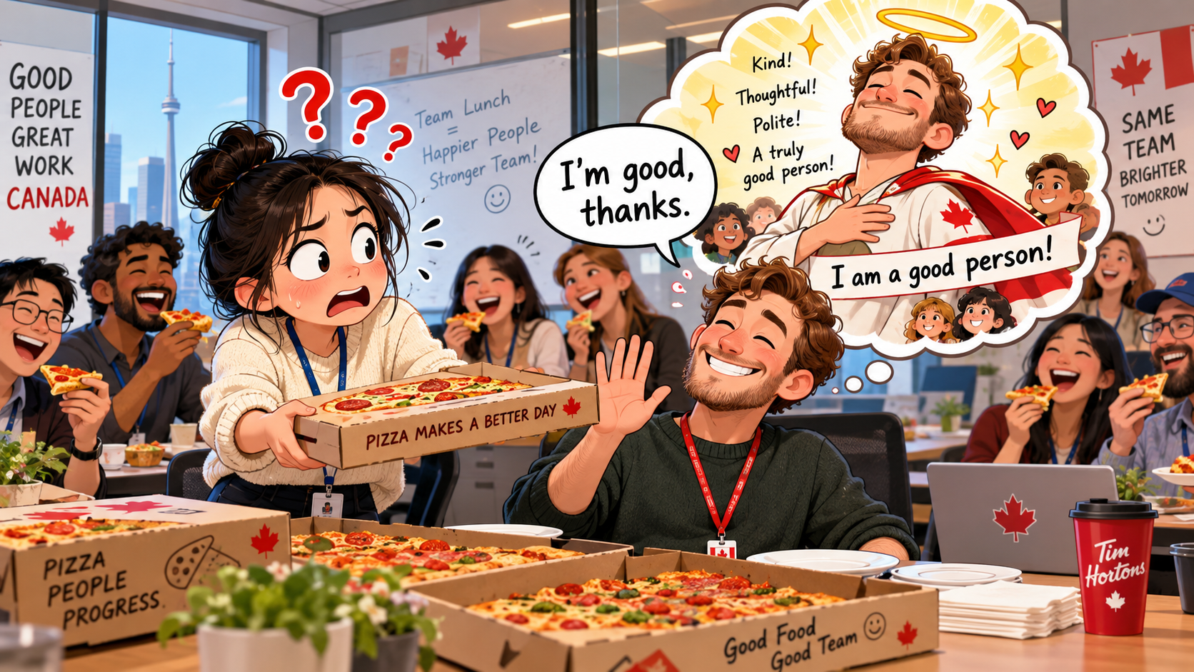 美剧学英语：I'm good - 加拿大办公室午餐，同事突然说“I’m good”，我心想：谁问你是不是好人了？