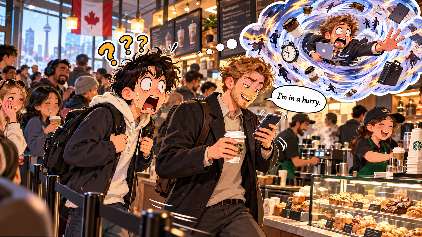美剧学英语：in a hurry - 加拿大咖啡店里，同事说“I’m in a hurry”，我差点问他：你怎么进去的？
