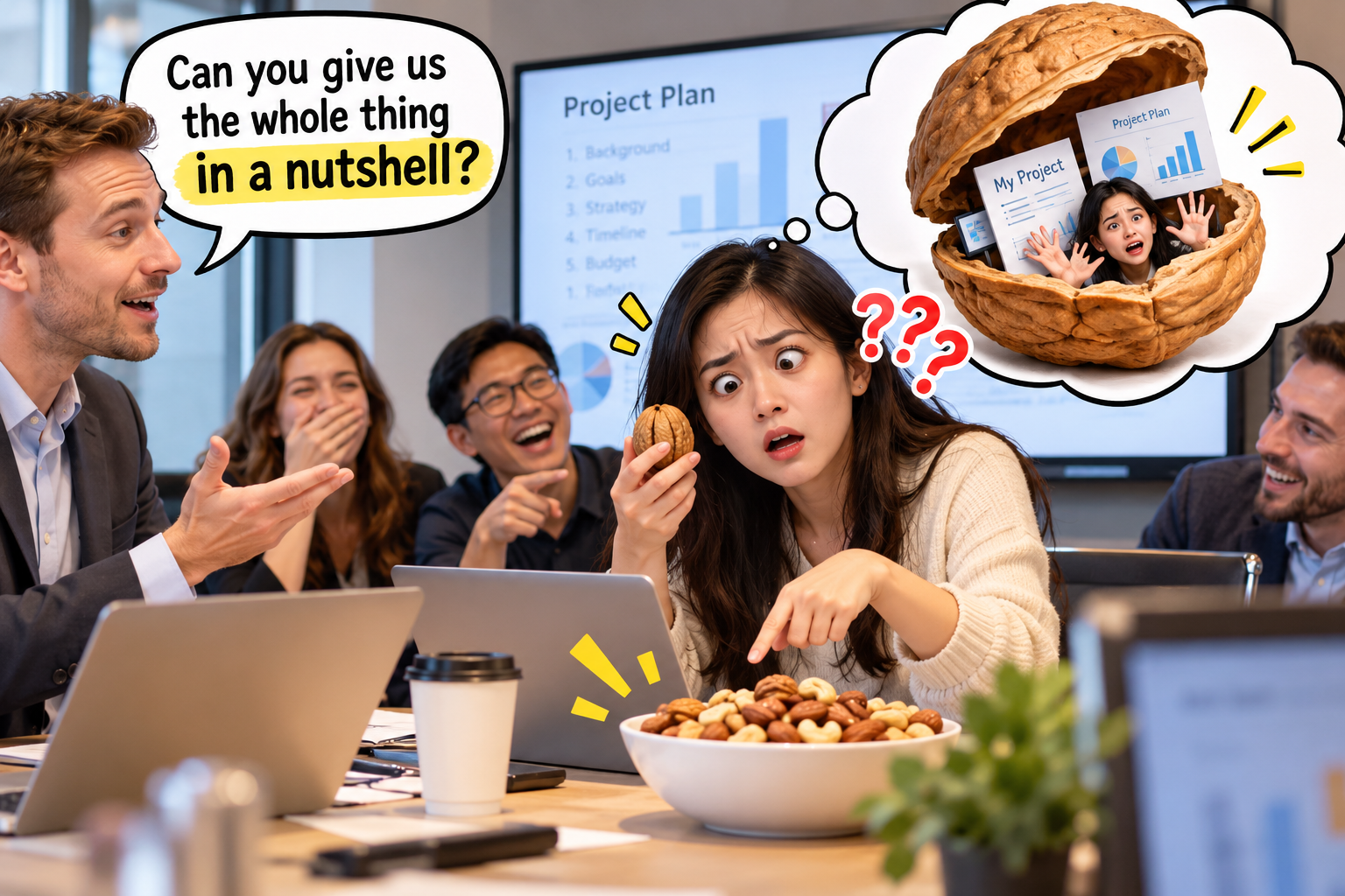 美剧说英语:in a nutshell - 加拿大公司开会,老板让我把项目装进坚果壳里,我差点去找核桃……
