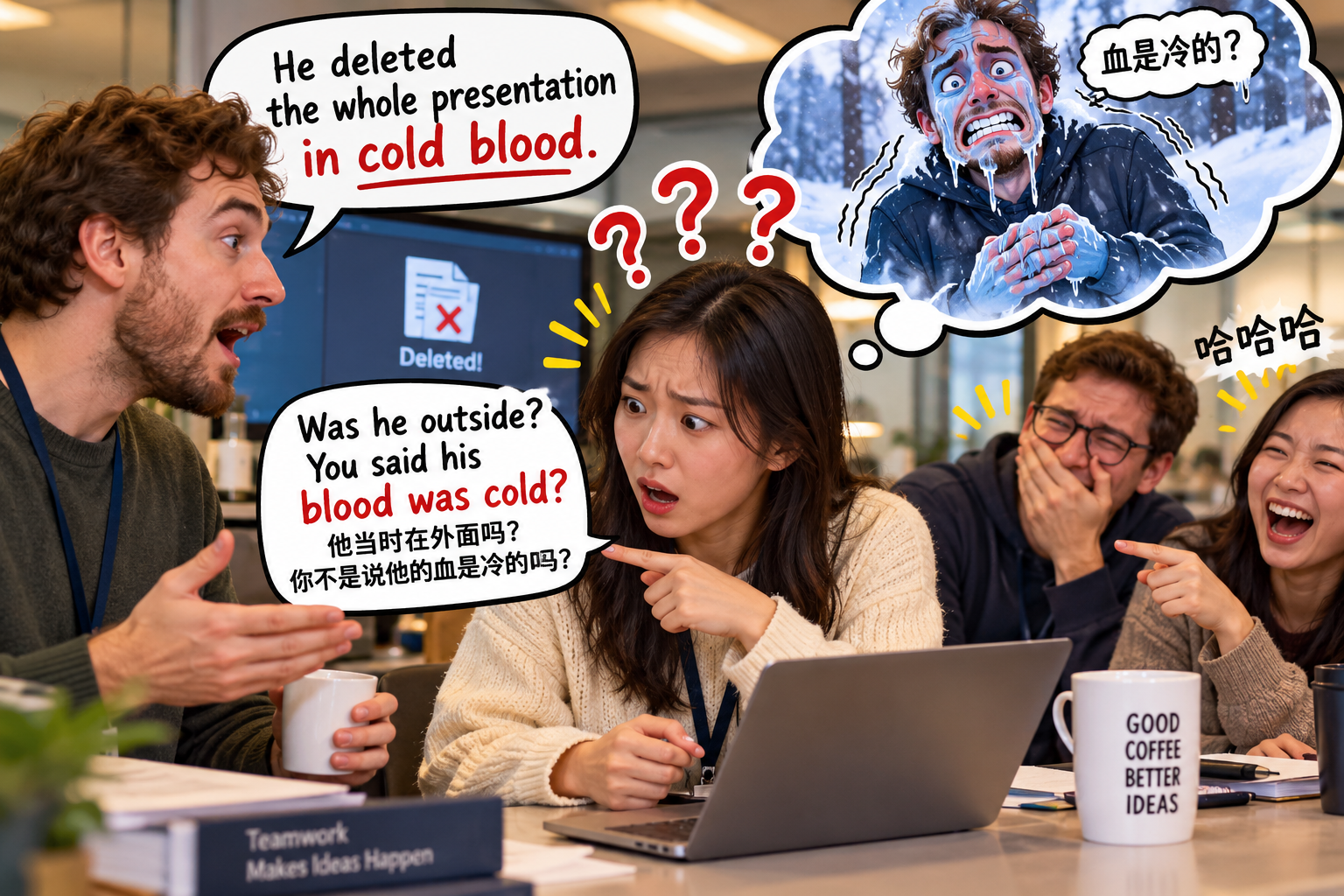 美剧学英语：in cold blood - 加拿大办公室同事说“in cold blood”，我低头看了看他的手：你血是冷的？