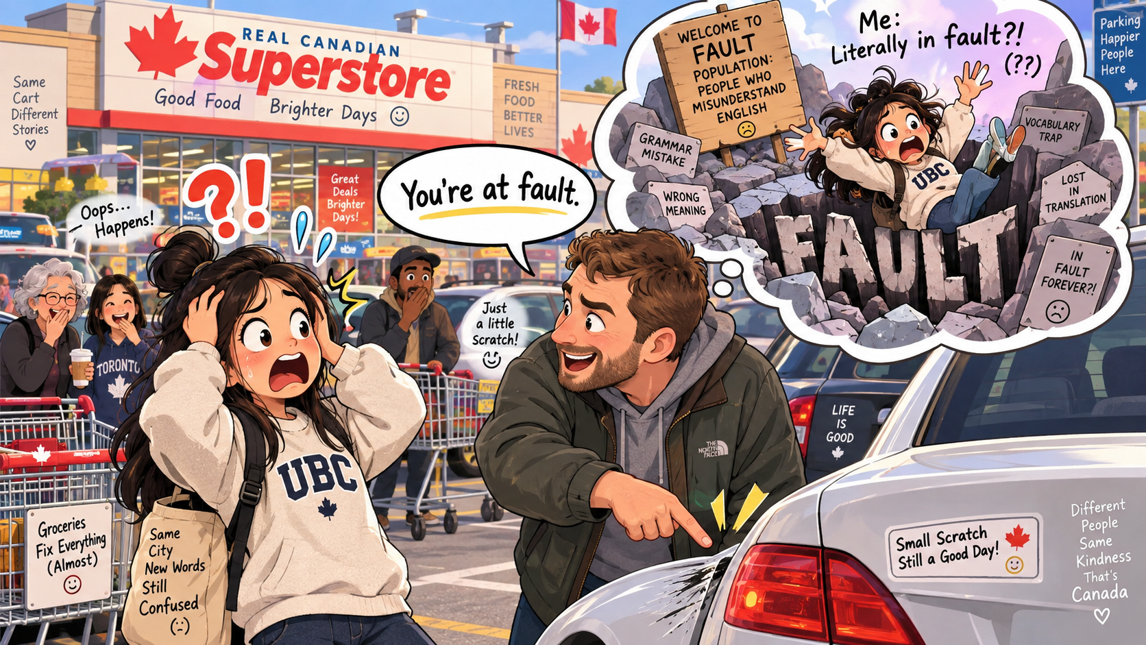 美剧学英语:in fault - 加拿大停车场蹭了别人的车,对方说“you’re at fault”,我还以为他在说我困在错误里
