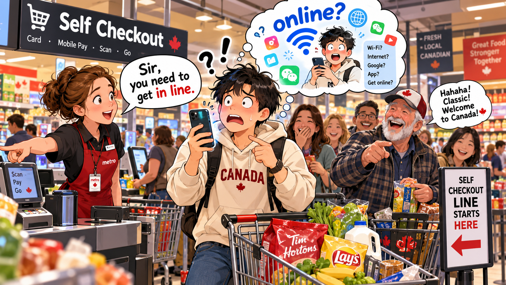 美剧说英语：in line - 加拿大超市排队时，收银员让我“get in line”，我掏出了手机……